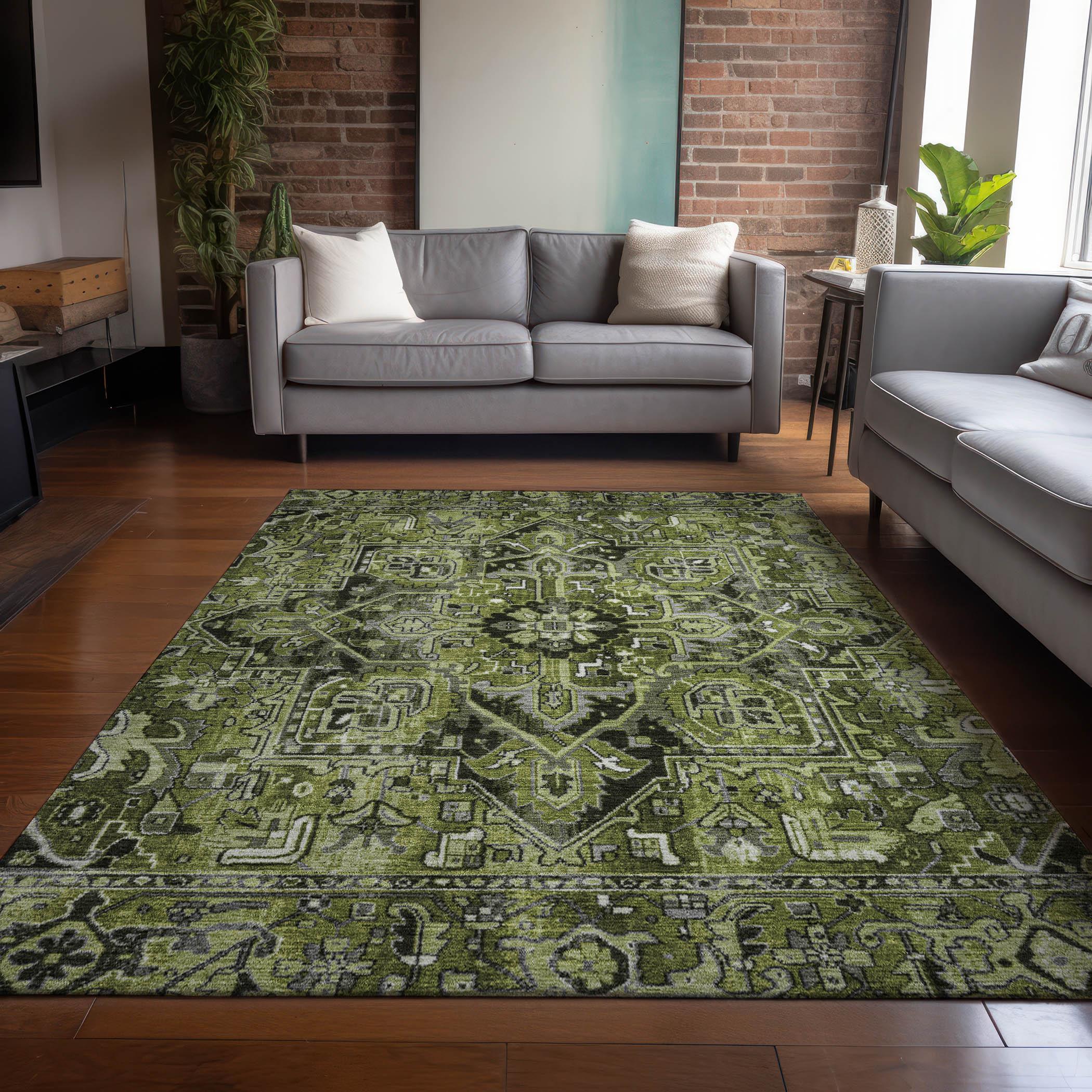 Olive Rectangular Synthetic Oriental 10' x 14' Washable Area Rug