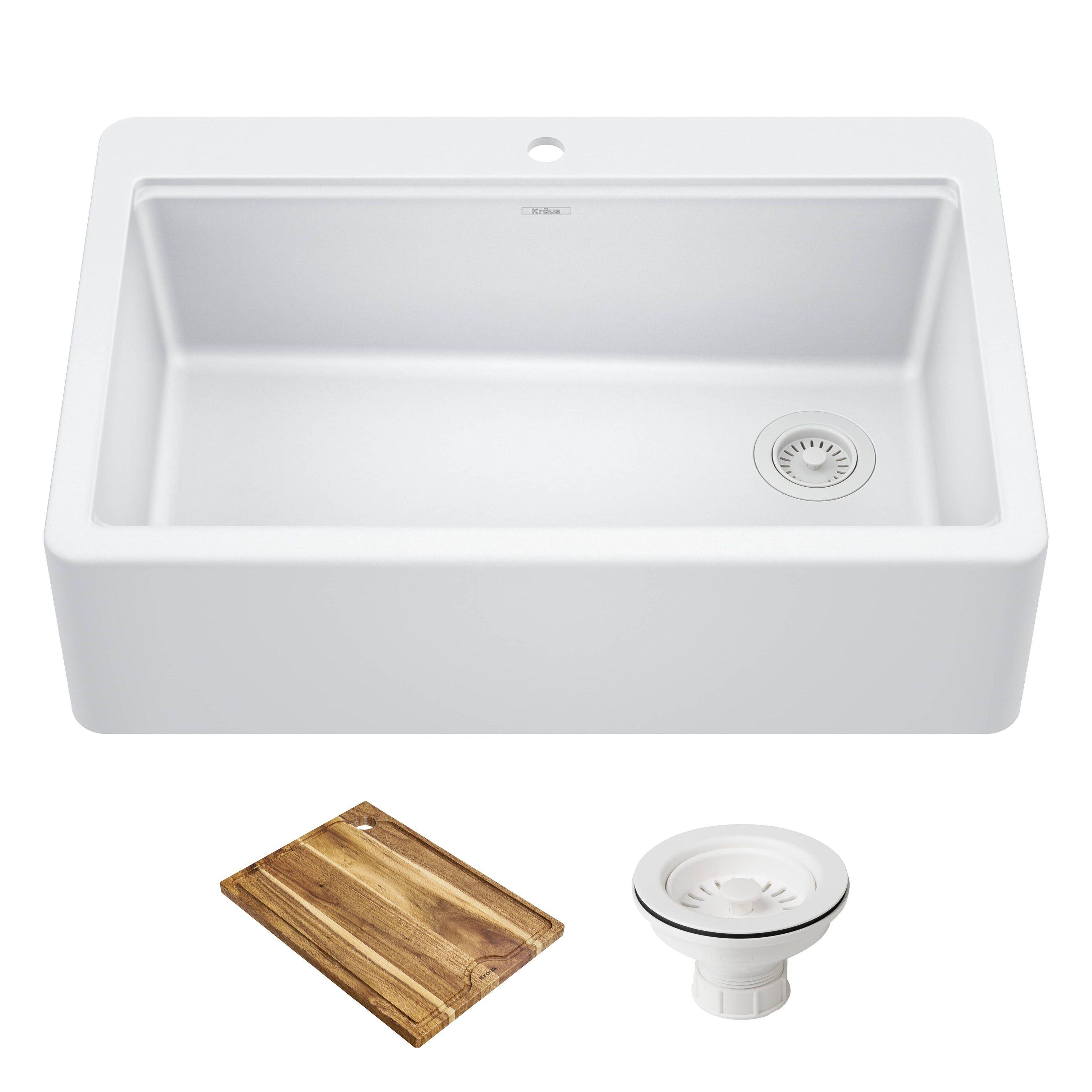 KRAUS Bellucci 33” Workstation Drop In Retrofit Farmhouse Single Bowl Granite Kitchen Sink With Accessories