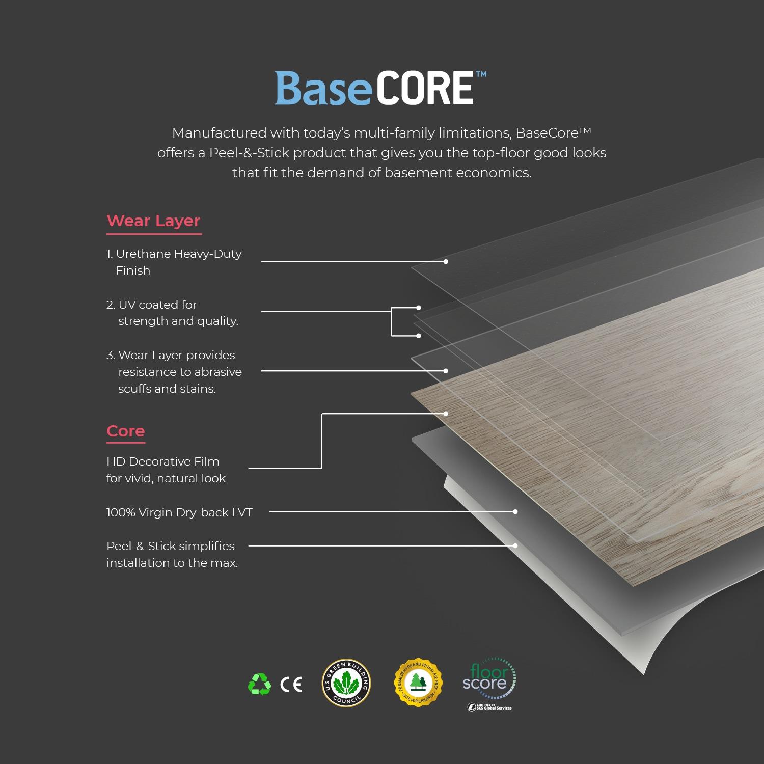 BaseCore 12mil x 6" W x 36" L Peel and Stick Luxury Vinyl Plank Flooring