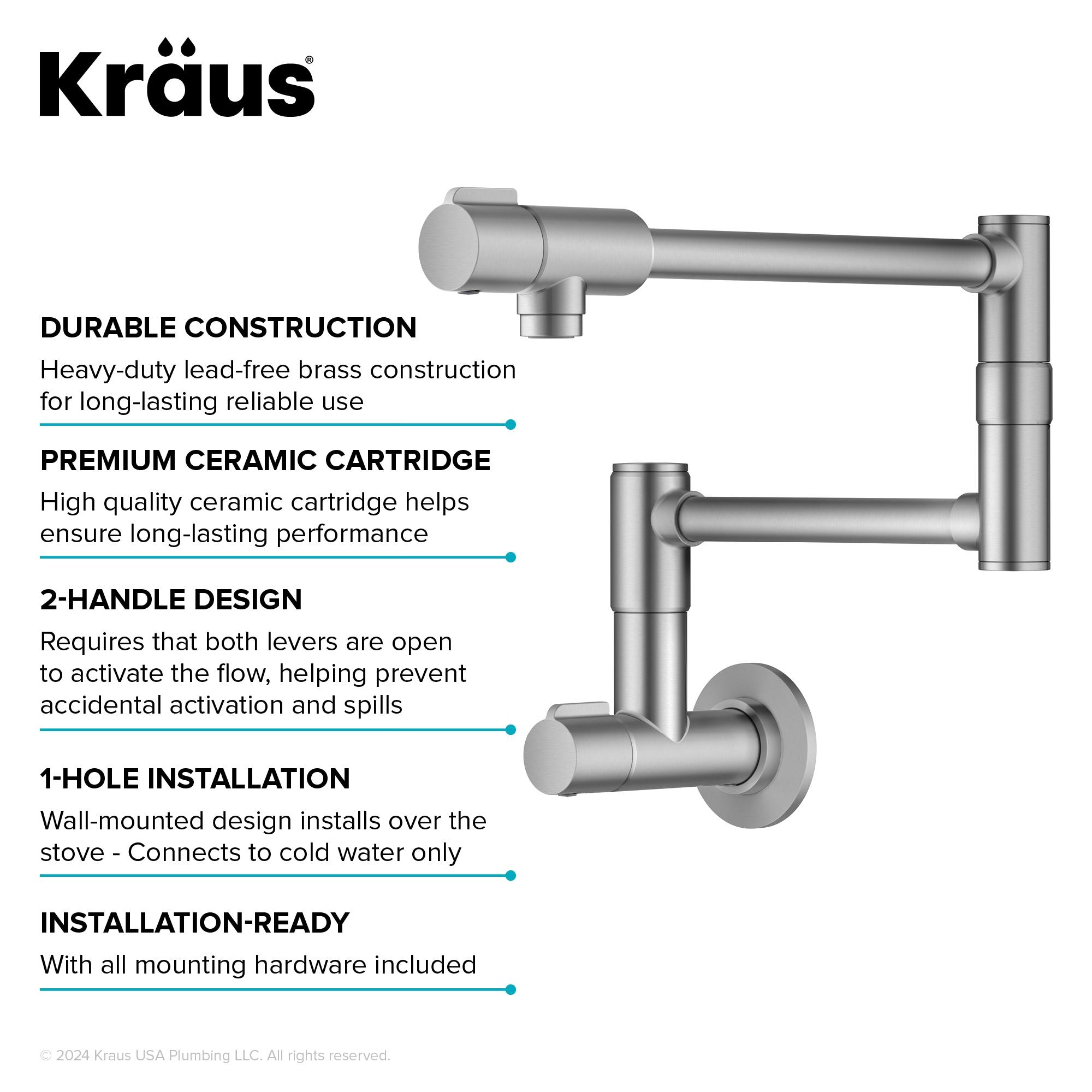 KRAUS Bolden 2 Handle Pot Filler Faucet With Retractable Arm, Wall Mount Kitchen Faucet, Pot Filler For Over Stove