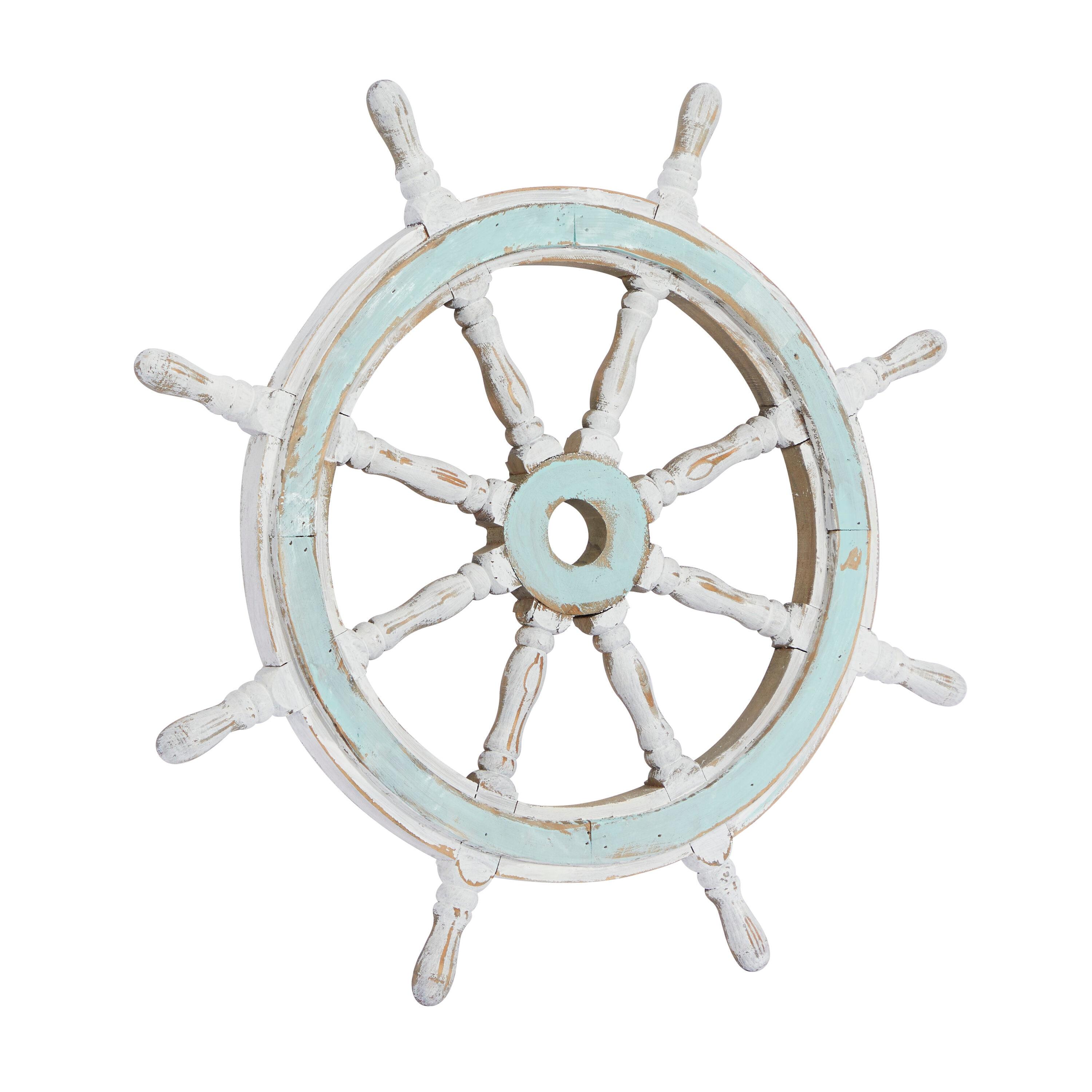 DecMode Blue Wood Ship Wheel Sail Boat Wall Decor with Distressing