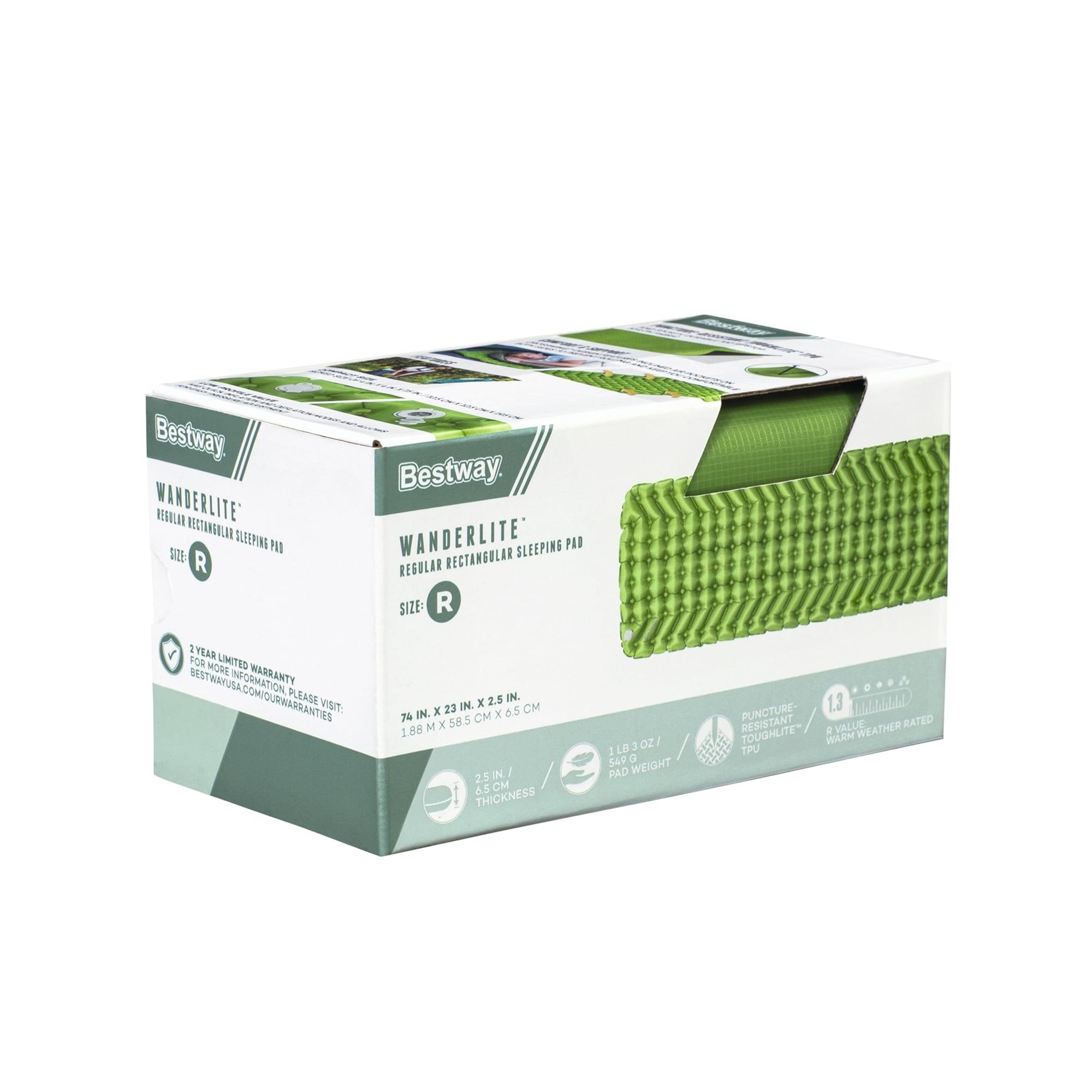 Bestway WanderLite 74 Inch by 23 Inch Regular Rectangular Nylon Fabric Outdoor Sleeping Air Pad with Repair Patch and Storage Bag, Green