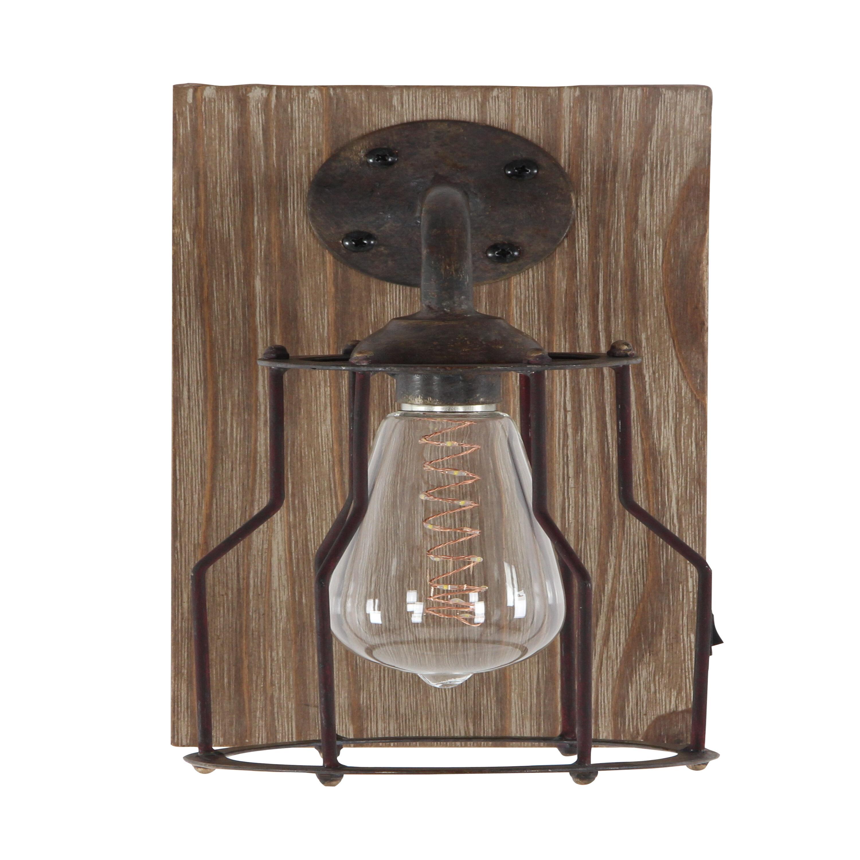 DecMode Industrial Metal Wall Sconce with Wood Backplate and Iron Cage, 6"W x 11"H Features Rustic Brown Finish