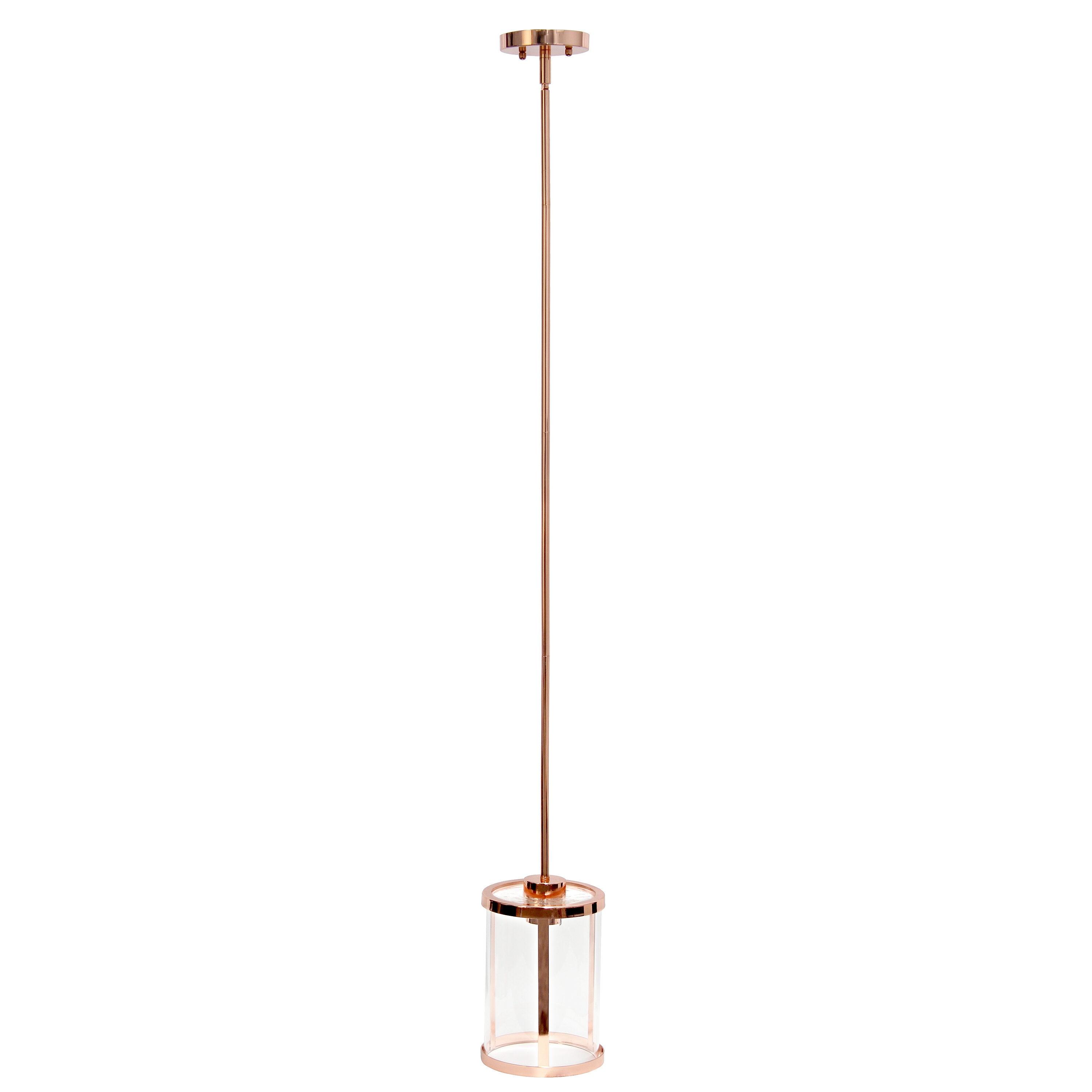 1-Light 9.25" Modern Farmhouse Adjustable Hanging Cylindrical Clear Glass Pendant Fixture with Metal Accent Rose Gold - Lalia Home