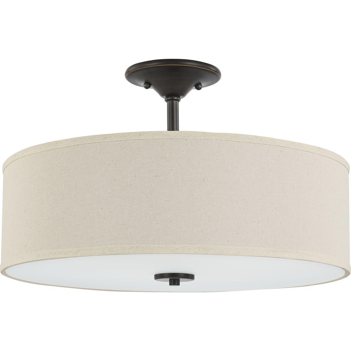 Progress Lighting, Inspire Collection, 3-Light Semi-Flush Mount, Antique Bronze, Off-White Linen Shade