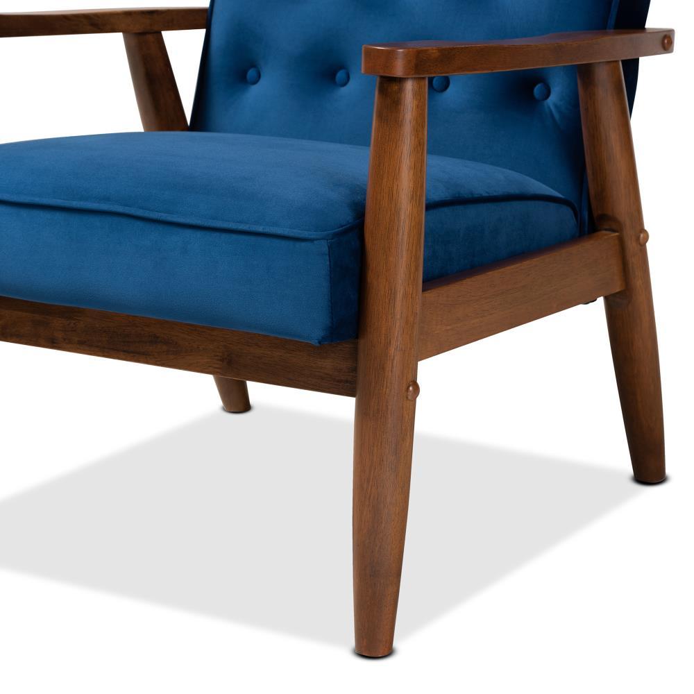 Sorrento Velvet Upholstered Wooden Lounge Chair Navy Blue/Brown - Baxton Studio: Mid-Century Modern, Button-Tufted, Danish Design