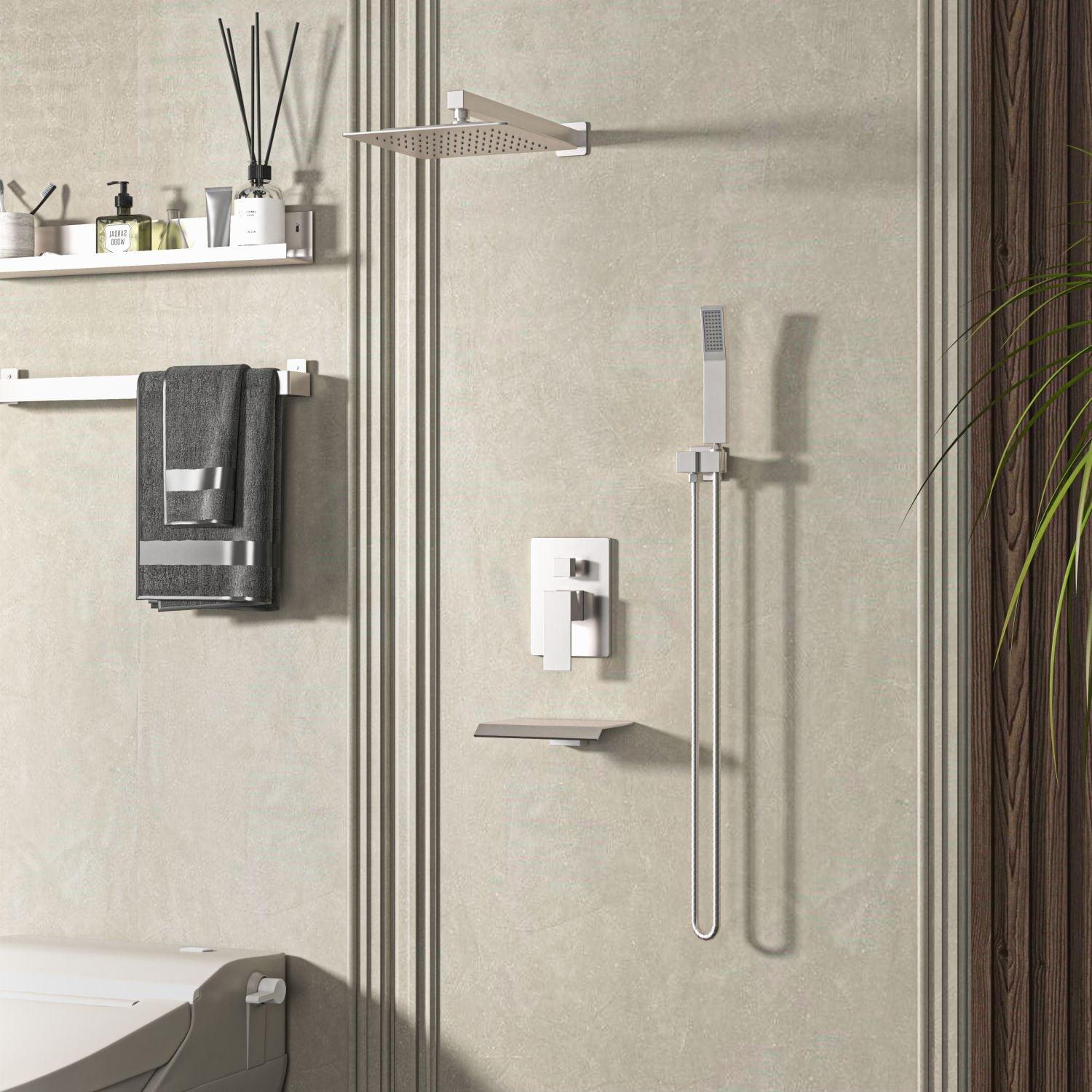 Fithood Rain Shower System Brushed Nickel Tub Shower Faucet Set 10 Inch Square Rainfall Shower Head with Handheld Sprayer and Waterfall Tub Spout Pressure Balance Rough-in Valve Shower Mixer Combo