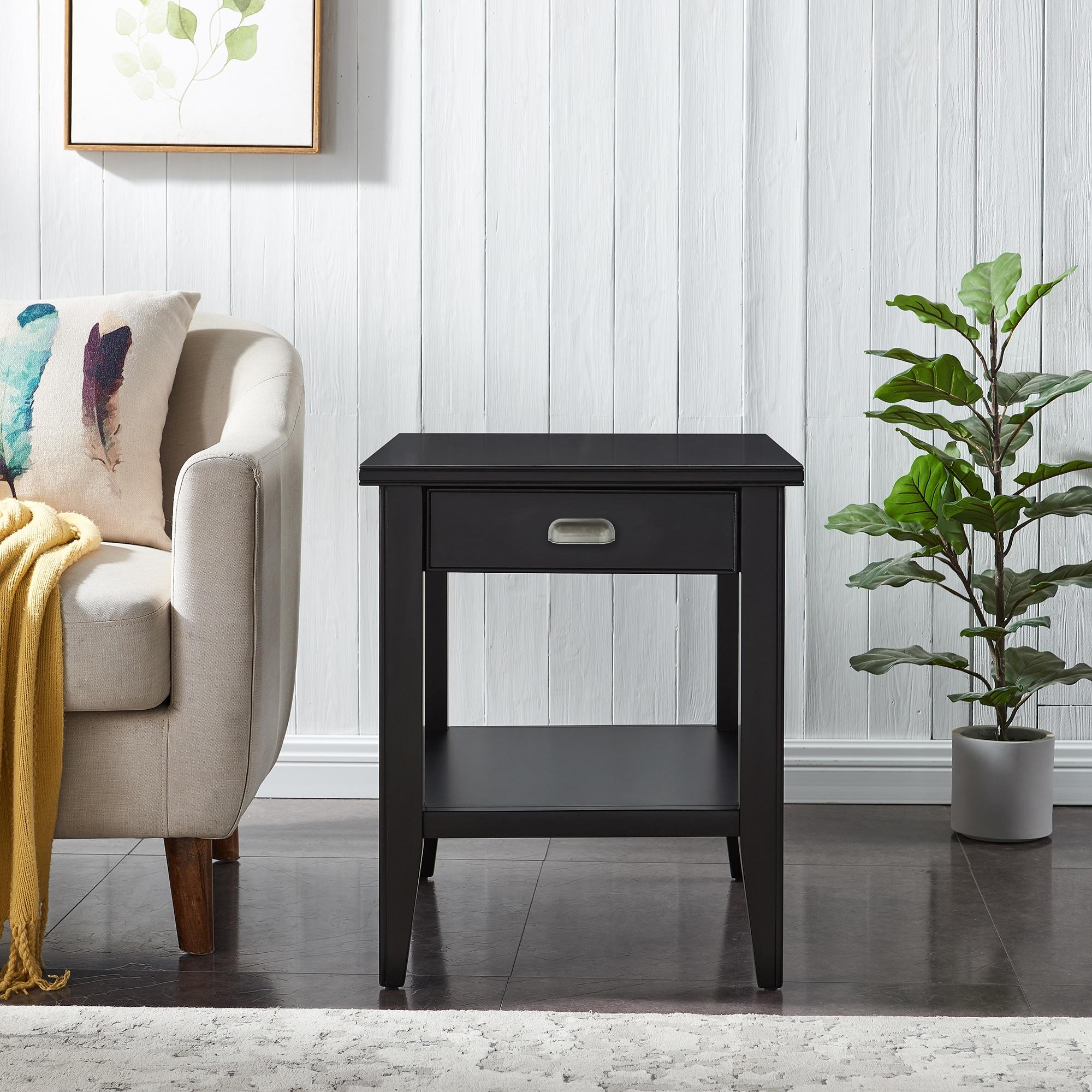 Leick Home, 1-Drawer Solid Wood Laurent 20 in. End Table with Shelf, Black