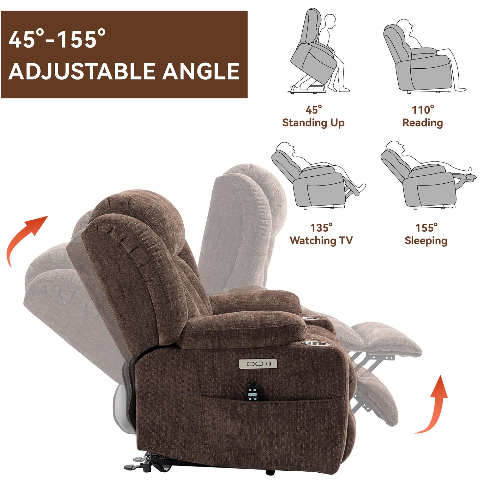 Power Lift Chair with Full-Body Massage and Heat, Electric Recliner Chairs for Adults, Remote Control, Standing Assistance, USB Ports, Stainless Steel Cup Holders, Chenille Brown