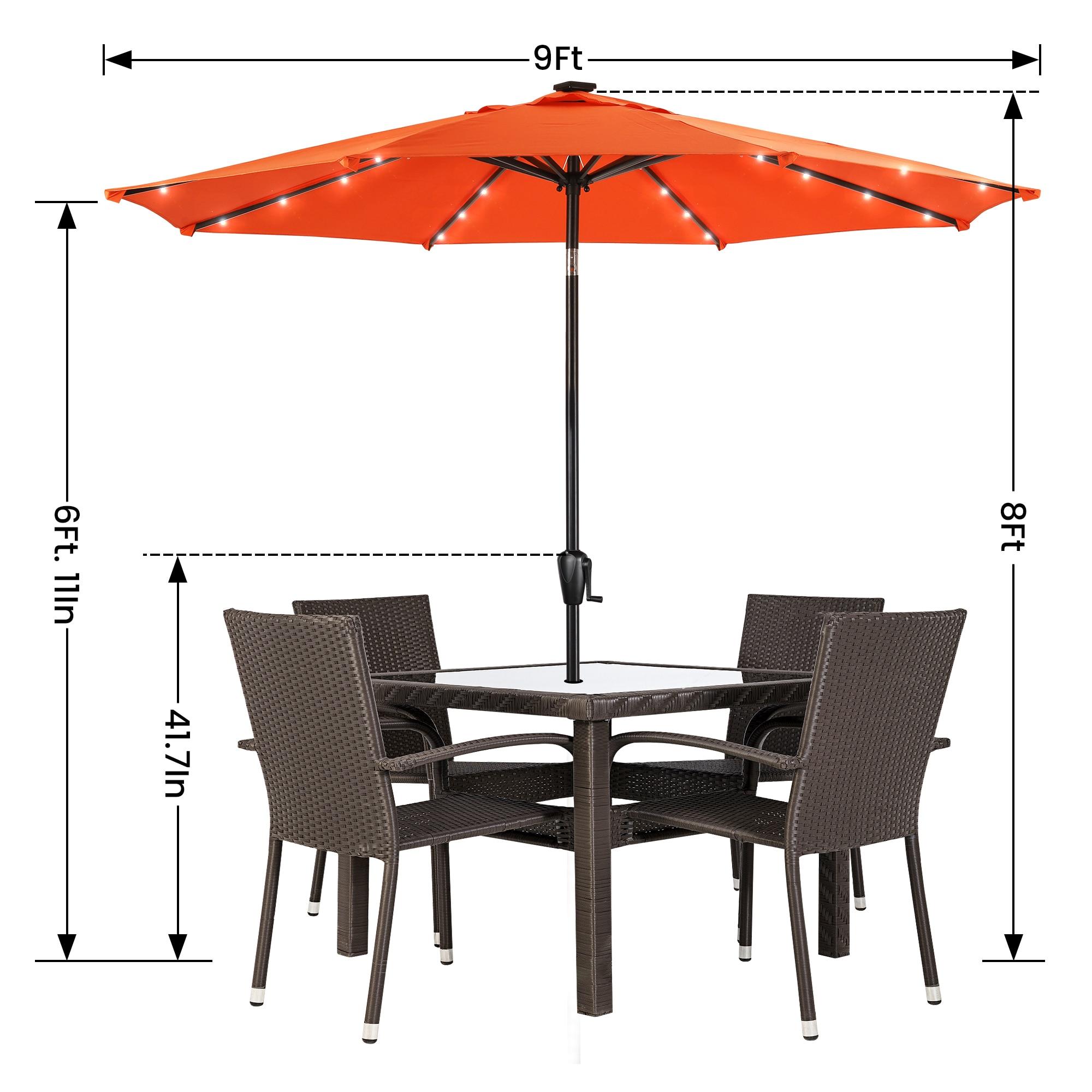 Sun-Ray 9 FT 32 LED Patio Solar Umbrella w/ Push Button Tilt and Crank Outdoor Umbrella, 8 Sturdy Ribs, UV Protection, Solution-Dyed Fabric, Orange