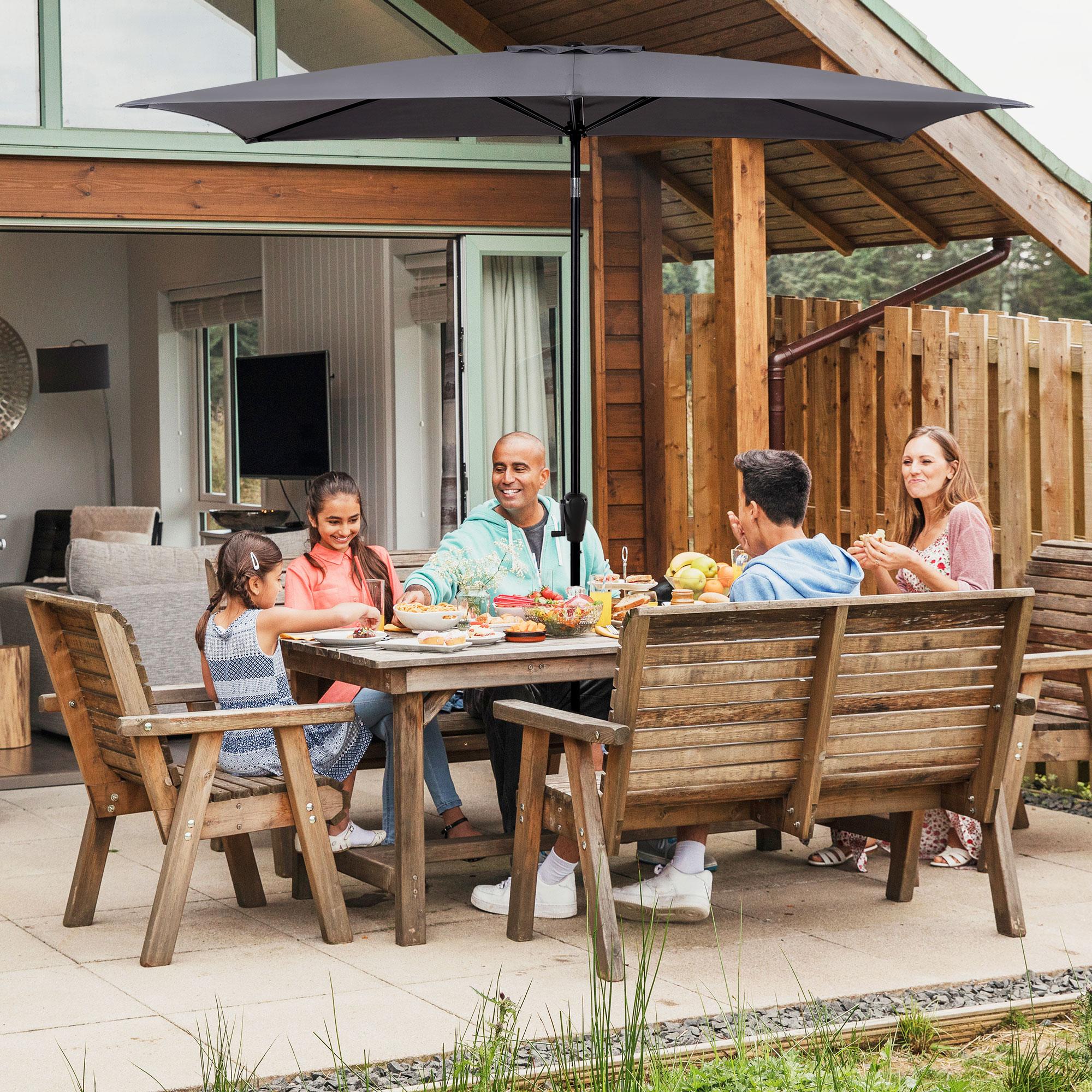 Sun-Ray 6.6x10 FT Rectangular Patio Umbrella with Push-Button Tilt and Hand Crank Canopy Lift, Table Umbrella with Solution Dyed Navy Fabric for Porch, Deck, Garden, and Swimming Pool, Grey
