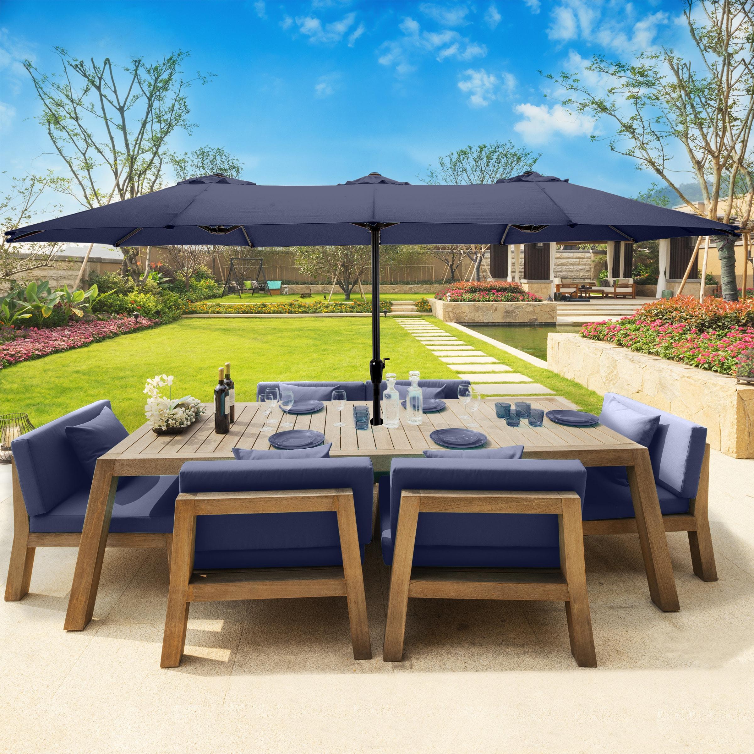 Extra Large Outdoor Umbrella - 15 Ft Double Patio Shade with Easy Hand Crank for Outdoor Furniture, Deck, Backyard, or Pool by Pure Garden (Navy)