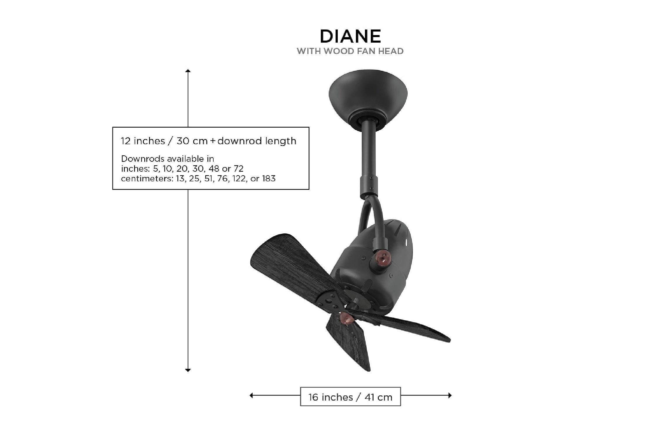 Diane oscillating ceiling fan in Polished Chrome finish with solid matte black wood blades.