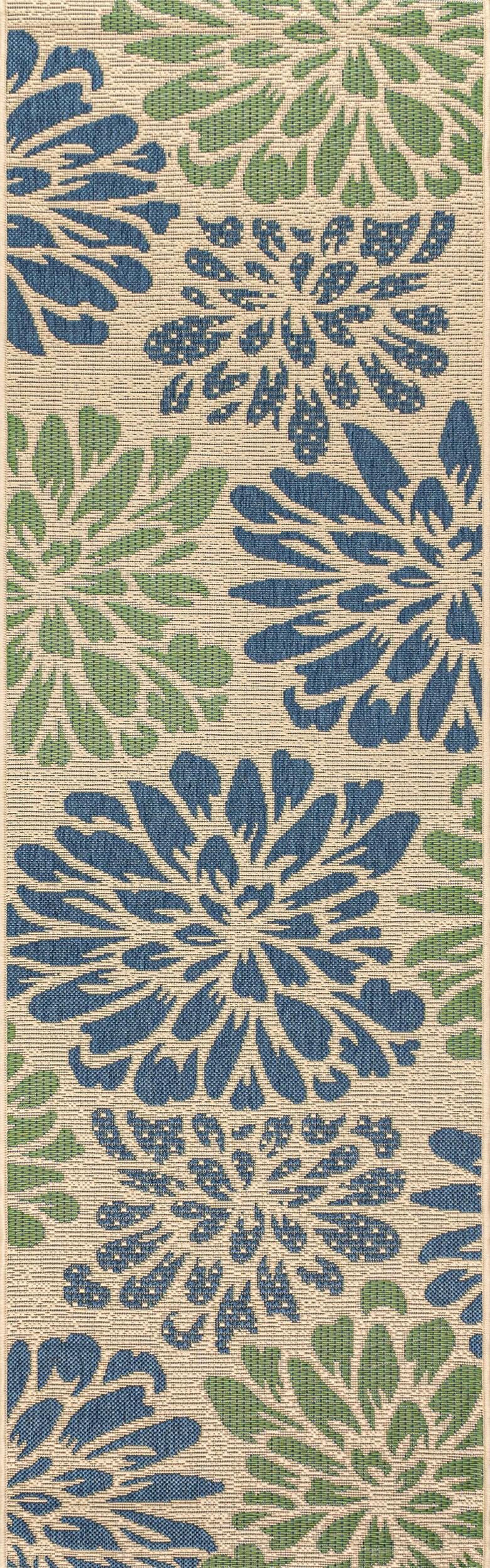 2'x8' Zinnia Modern Floral Textured Weave Indoor/Outdoor Runner Rug, Navy/Green - JONATHAN Y