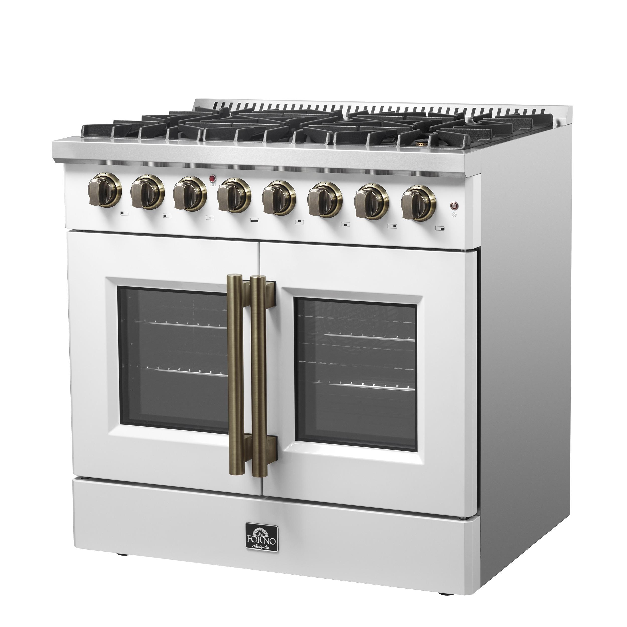 Galiano 36" French Door Dual Fuel Range, Black or White & Antique Brass, 5.36 cu.ft. True Convection Oven