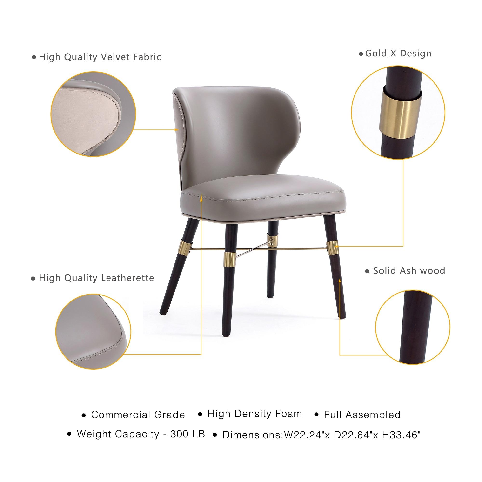 Modern Strine Dining Chair Upholstered in Velvet and Leatherette with Solid Wood Legs in Dark Taupe - Set of 2
