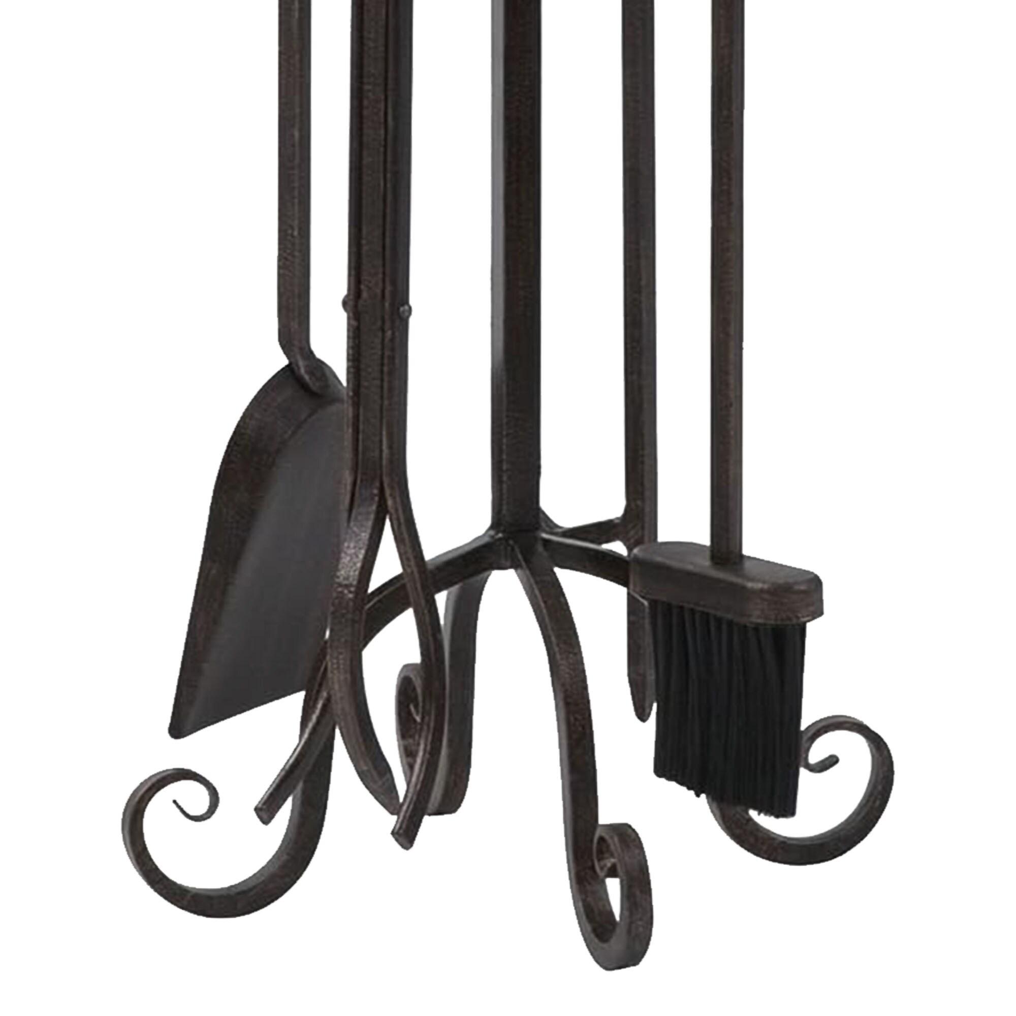 Panacea 5 Piece Powder Coated Steel Scroll Top Fireplace Accessory Tool Set with Brush, Tongs, Shovel, Poker, and Stand, Bronze