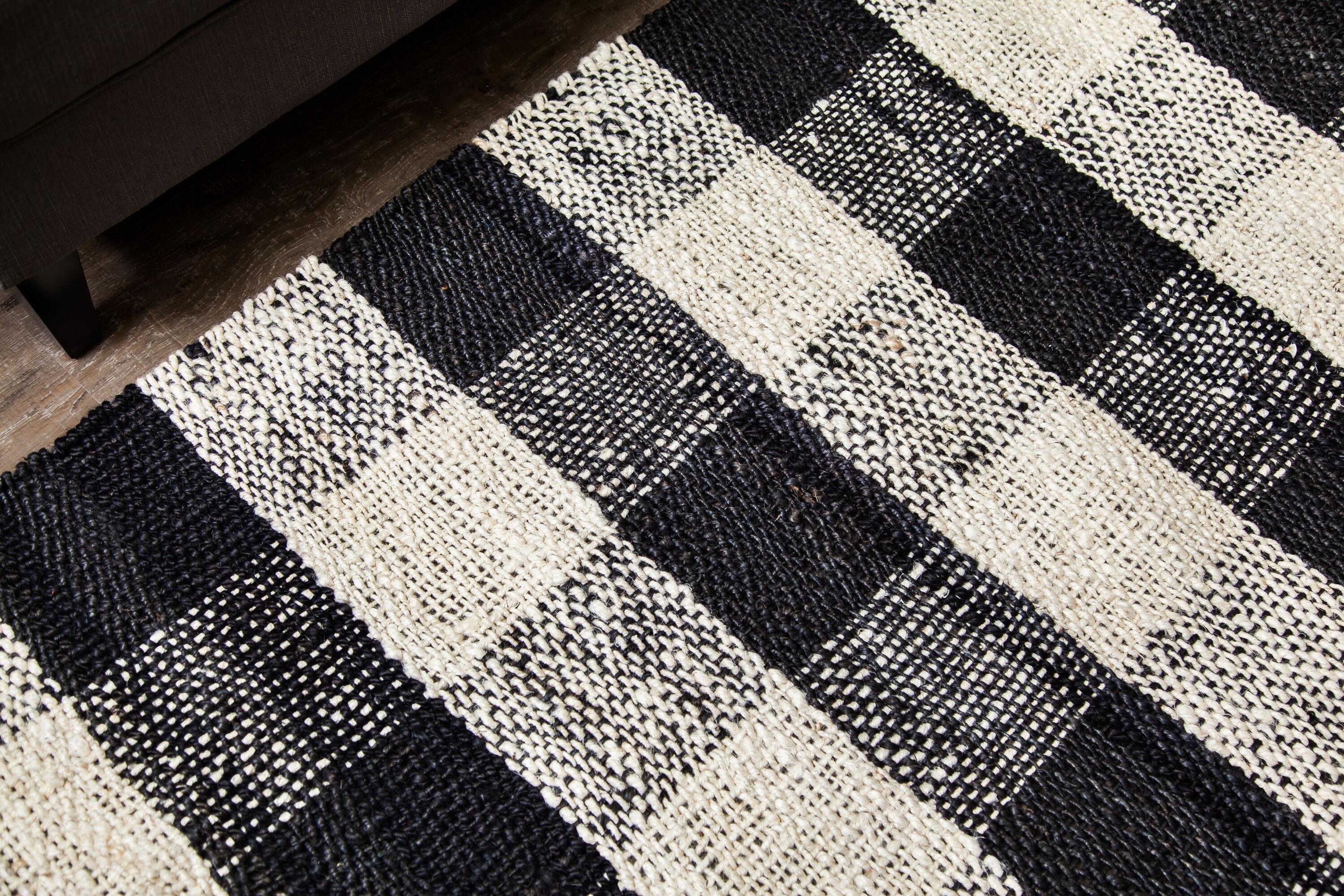 Black Check Loomed Area Rug 5'X7' - Anji Mountain: Handmade Jute Flatweave, Farmhouse Style, Fair Trade Certified