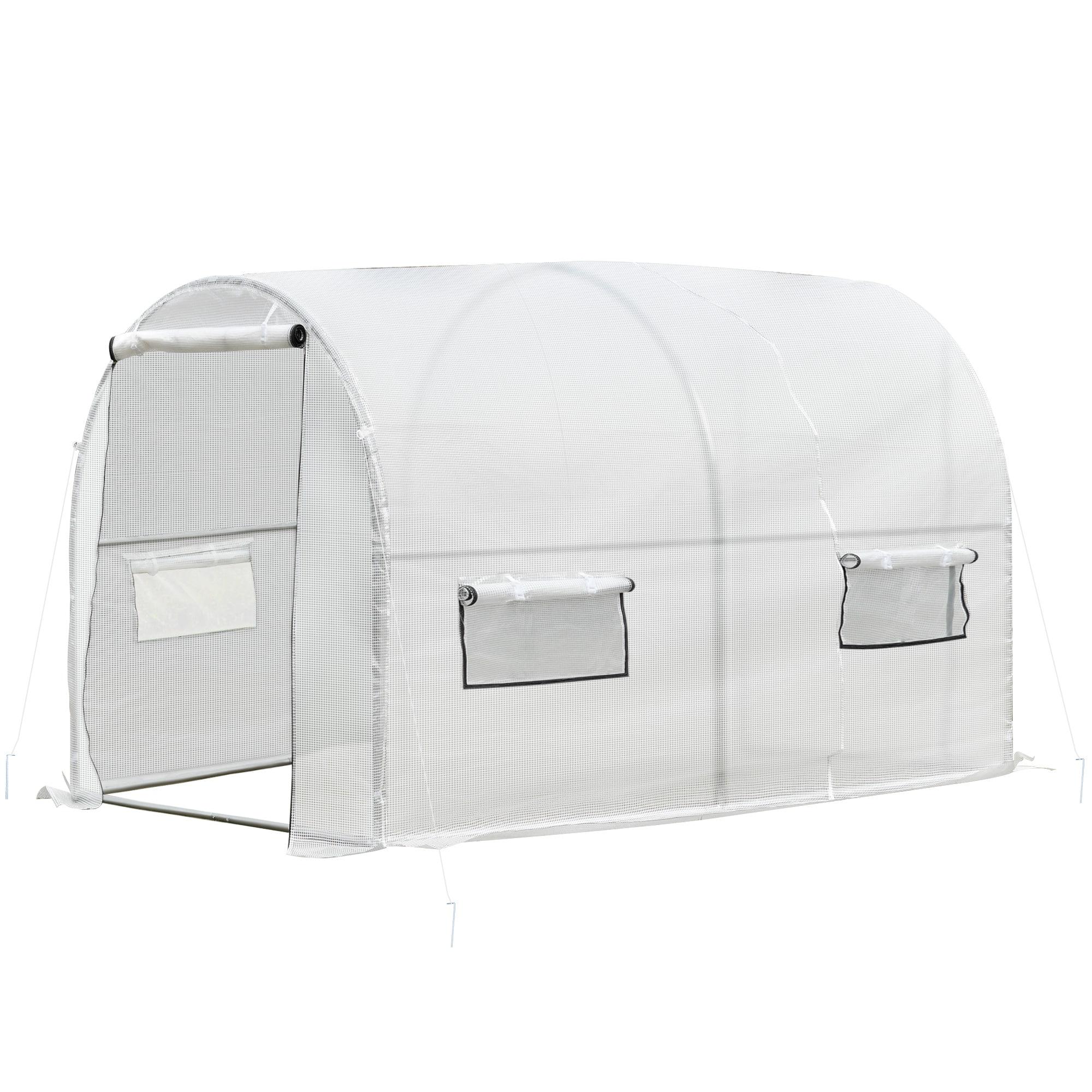 Outsunny 9.6' x 6.5' x 6.2' Walk-In PE Greenhouse with 2 Roll-up Zipper Doors & 6 Roll-up Windows for Plants, White