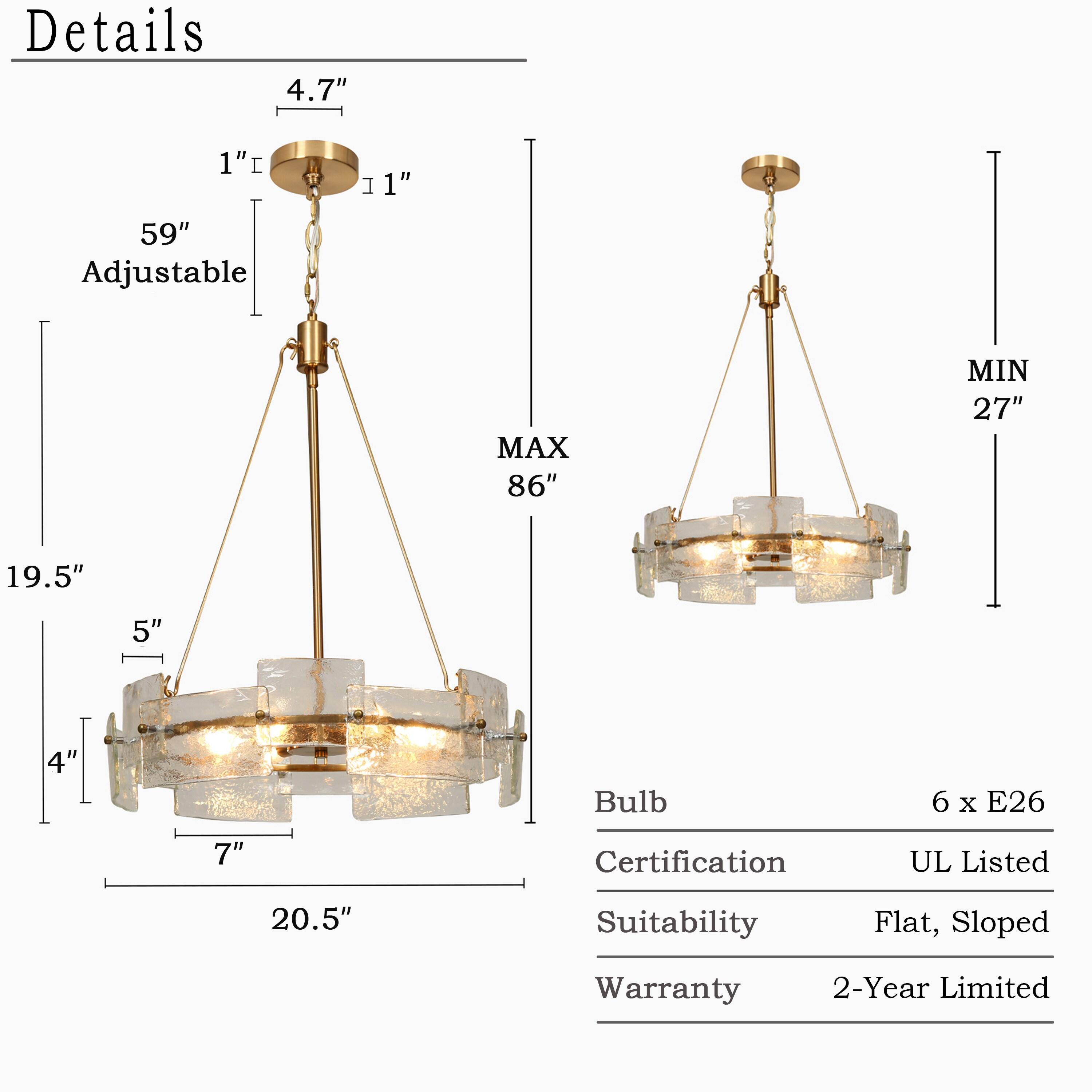 Modern Glam Gold 6-Light Drum Chandelier Textured Glass Pendant Light for Dining Room - D 20.5" x H 24"