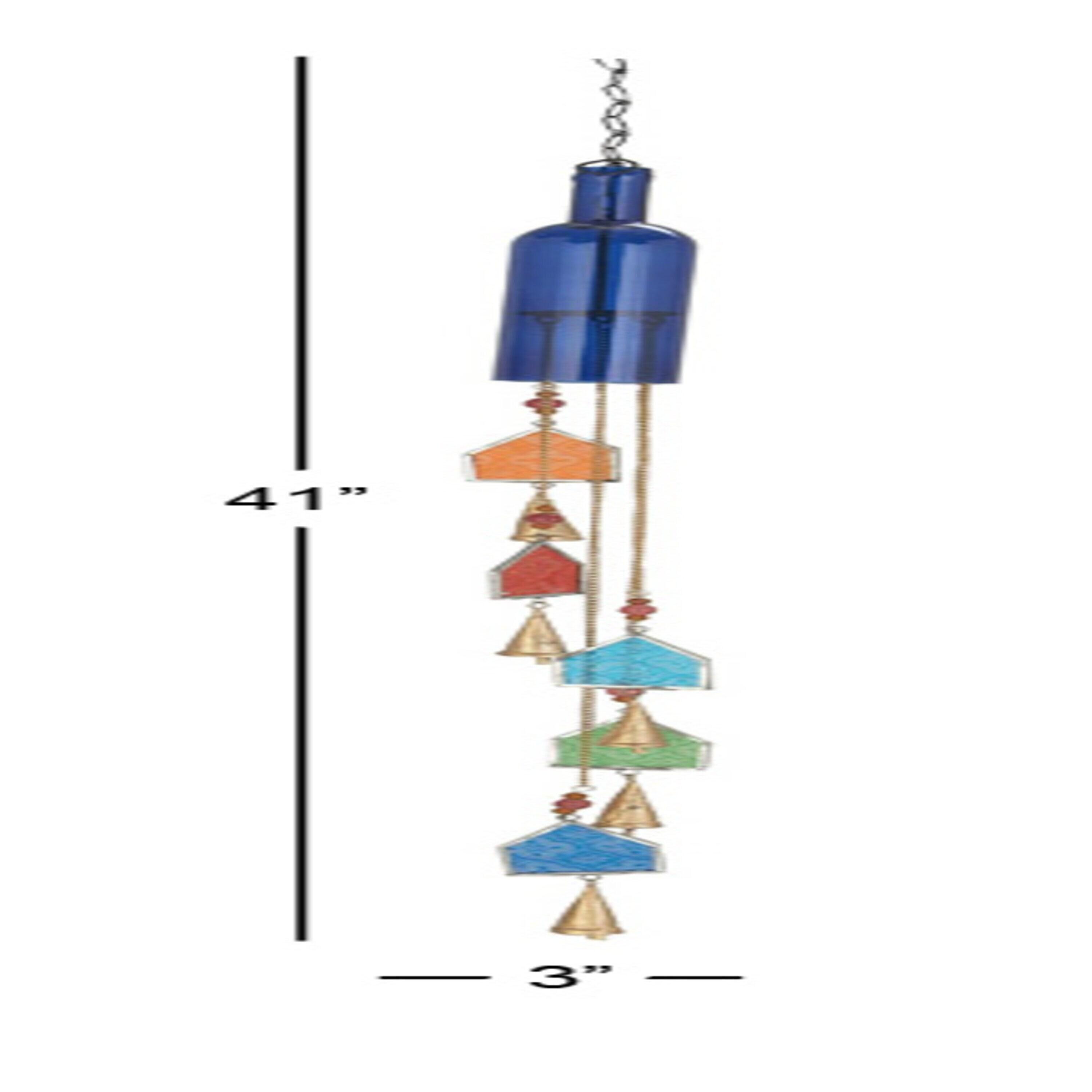 DecMode 41" Blue Glass Bottle Windchime with Beads and Cone Bells