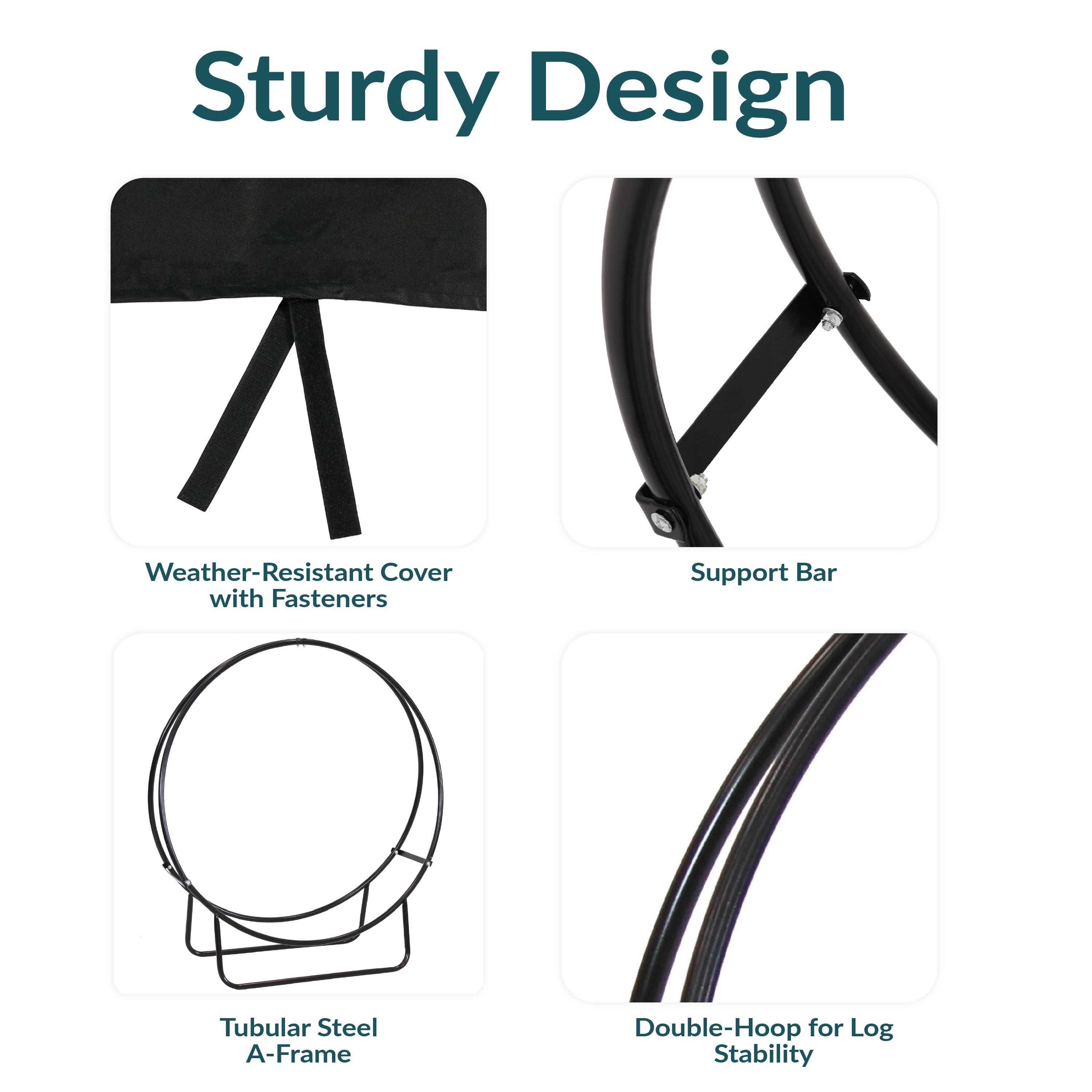 Sunnydaze Outdoor Heavy-Duty Steel Firewood Log Hoop Storage Rack with Weather-Resistant PVC Log Hoop Cover - 48" - Black