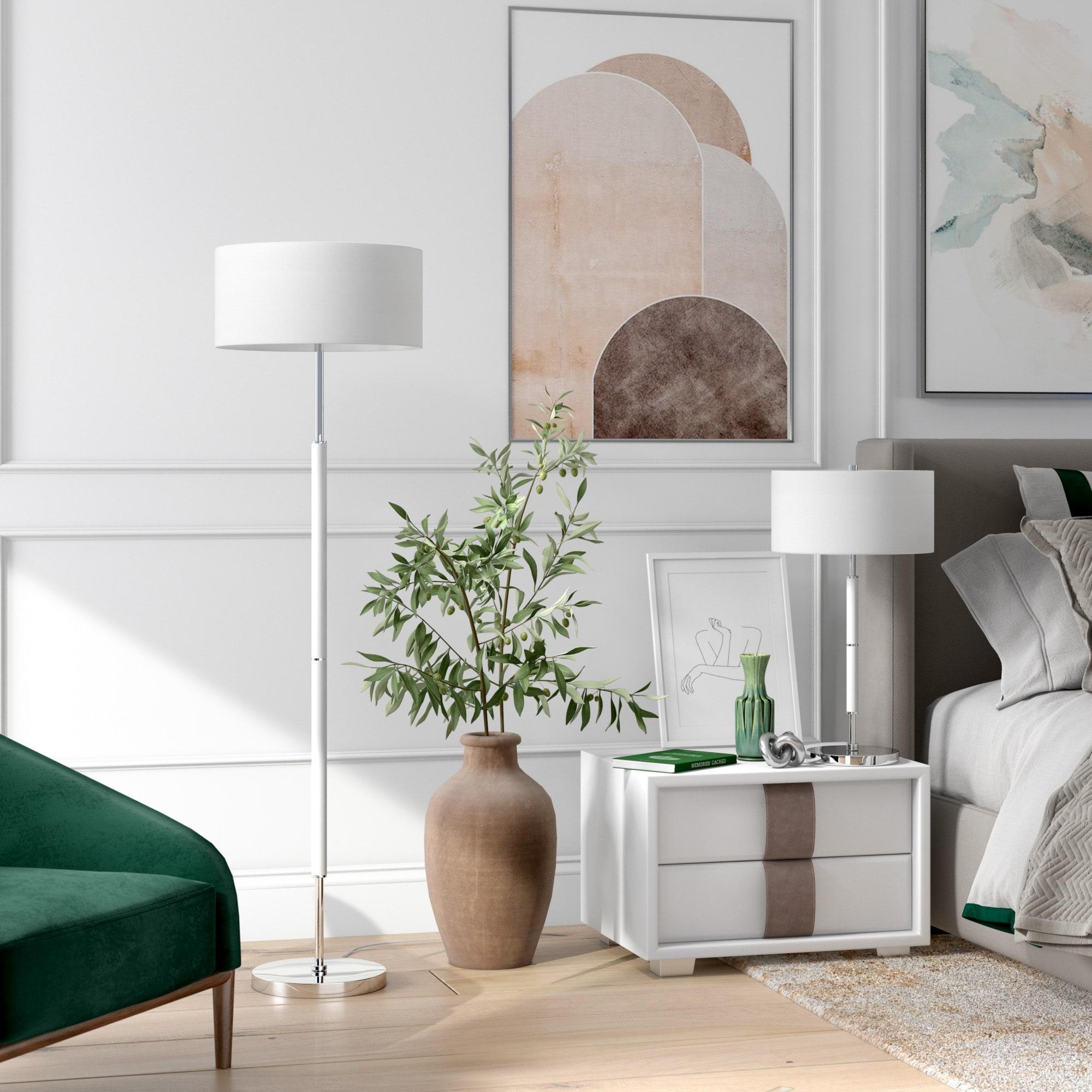 Evelyn&Zoe Simone 2-Light Floor Lamp with Fabric Shade, Matte White/Polished Nickel/White