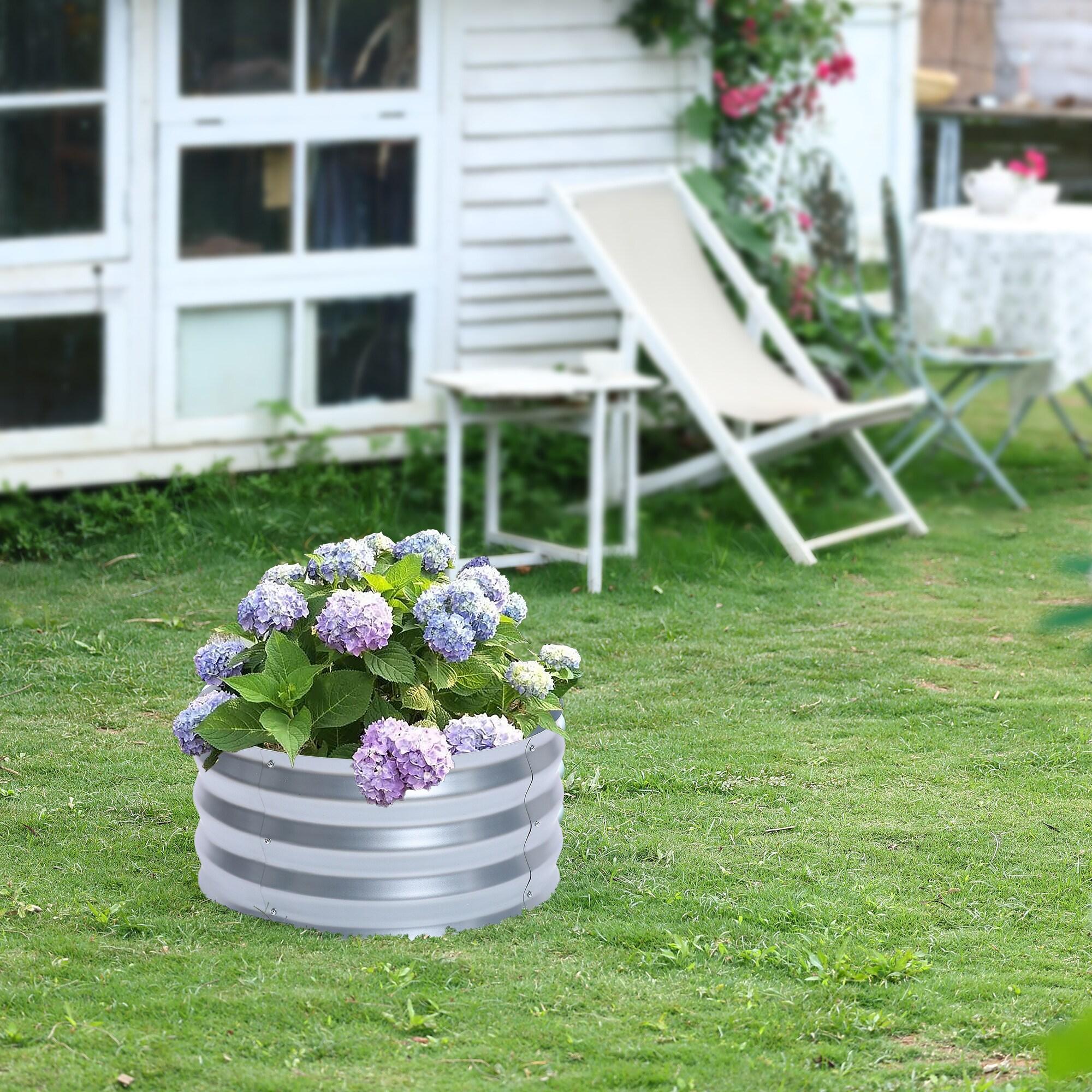LuxenHome 2ft Round Galvanized Metal Raised Garden Bed Planter Silver
