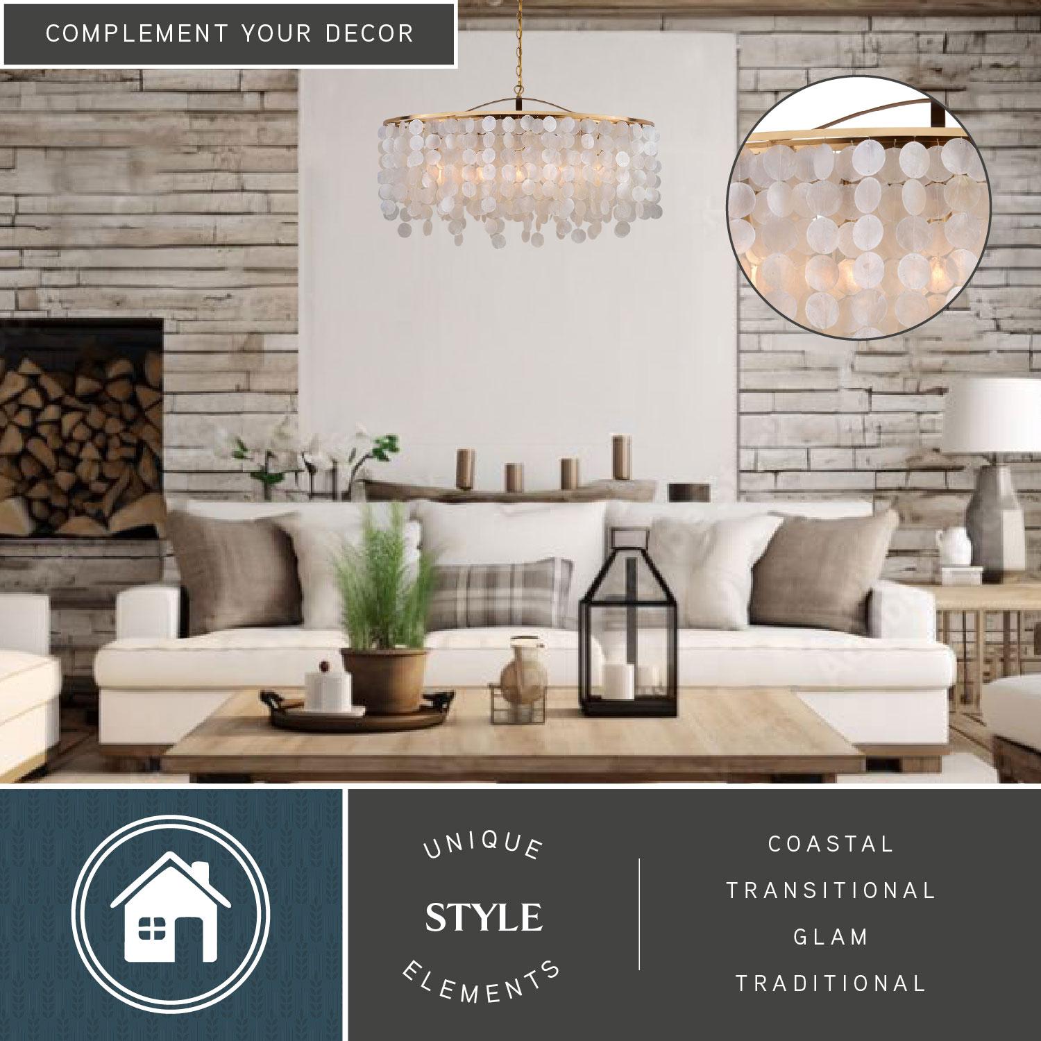 VAXCEL Elsa 5 Light Gold Brass Modern Coastal Glam Linear Chandelier Island Pendant Fixture with Capiz Shell
