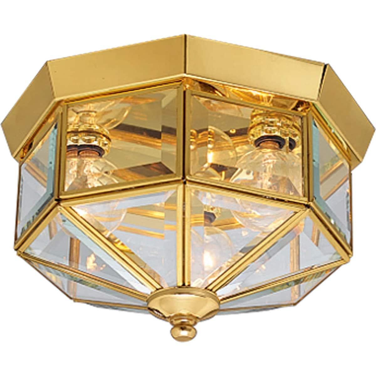 Progress Lighting, Hide-a-lite Iii, 3-Light Flush Mount, Polished Brass, Clear Beveled Glass, Traditional Styling