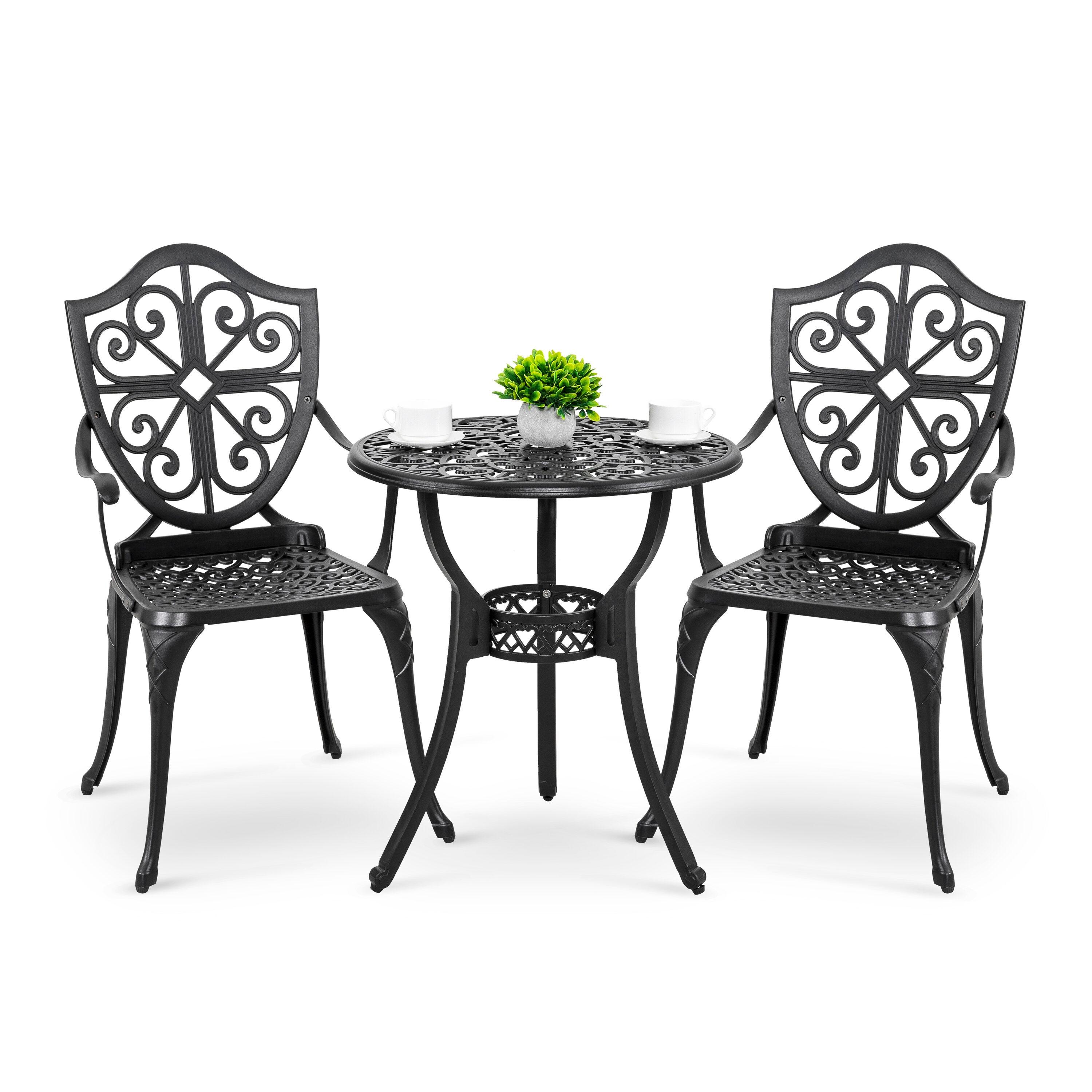 Black Cast Aluminum 3-Piece Outdoor Bistro Set with Floral Design