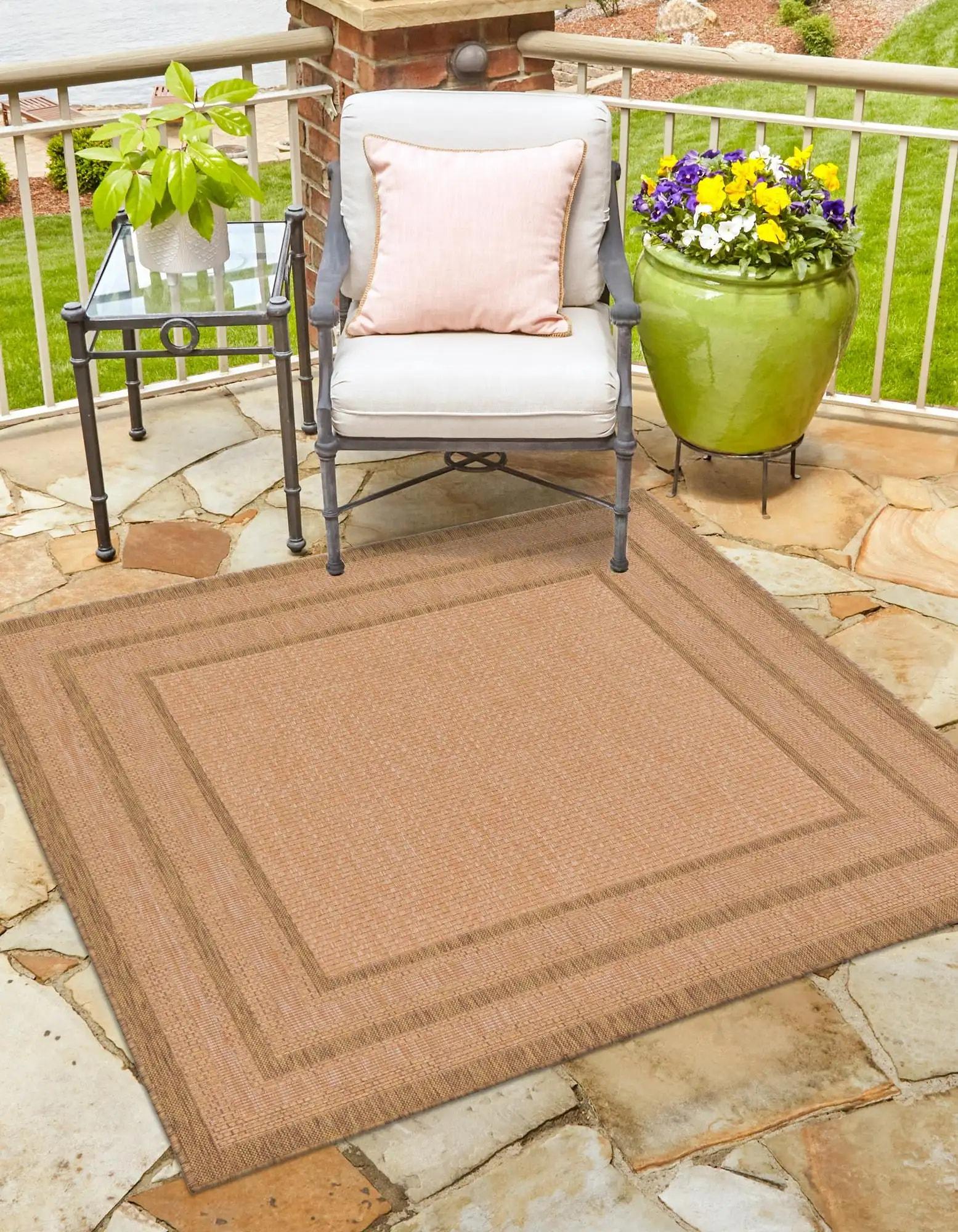 Multi Border Easy-Care Square Outdoor Rug 6' - Light Brown