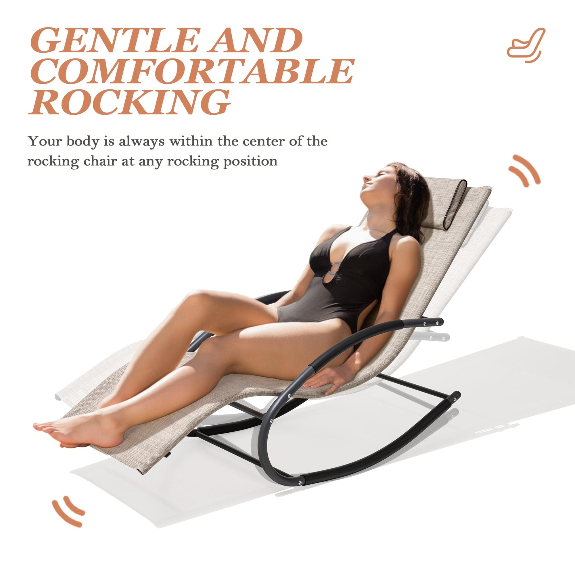 Crestlive Products Patio Outdoor Rocking Chair Curved Rocker Chaise Lounge Chair with Pillow Beige
