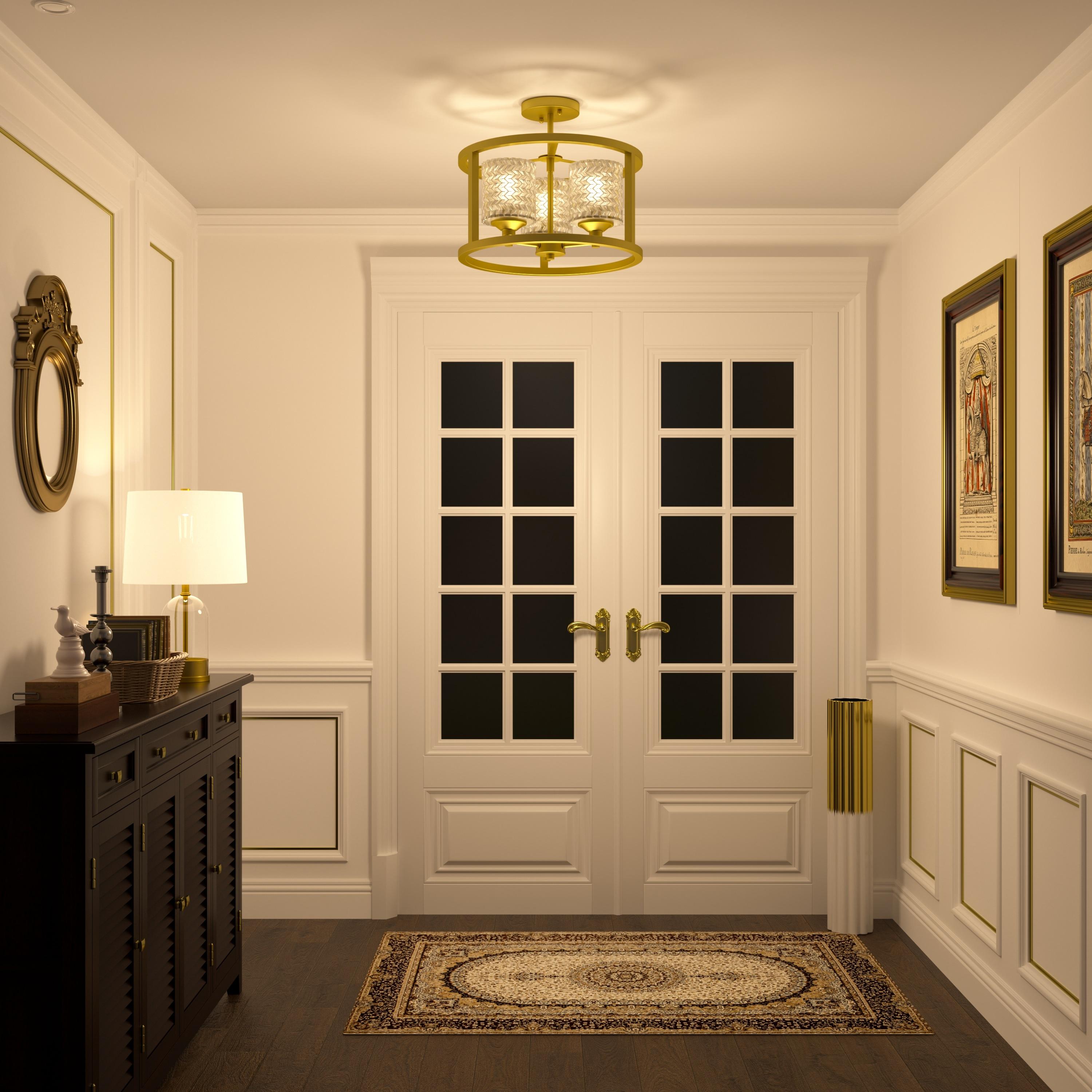ACROMA Moulins 3-light Modern Farmhouse Semi-Flush Mount Ceiling Lights - 15'' Satin Brass