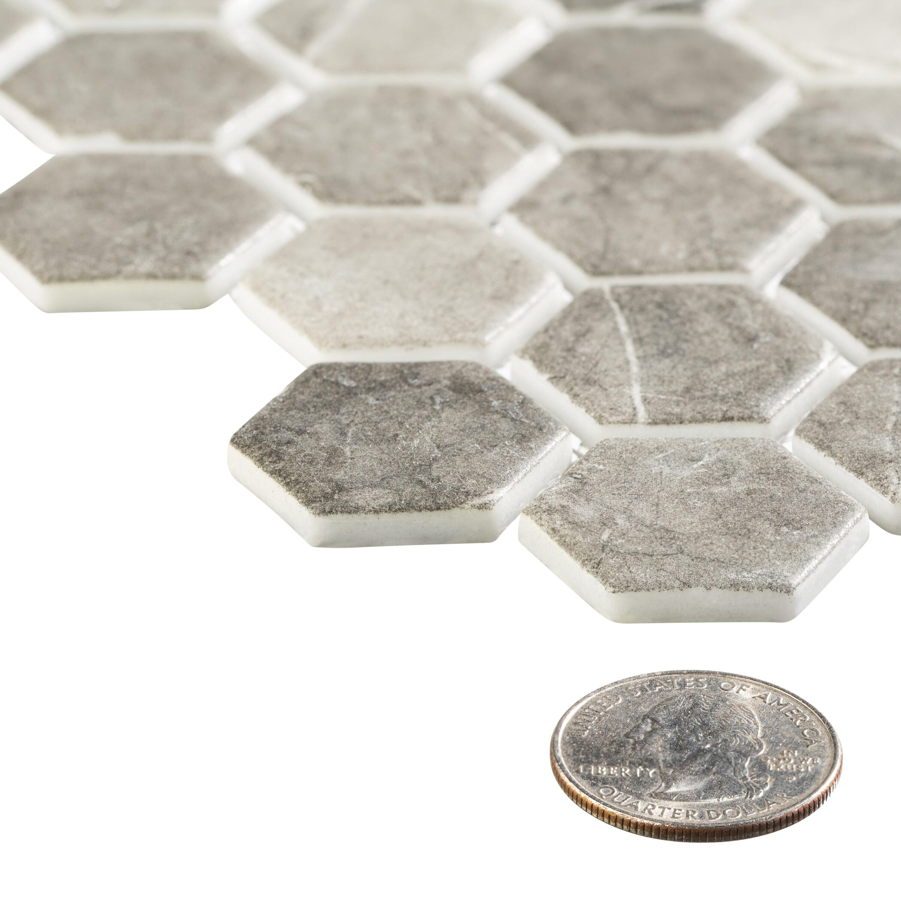 SAMPLE-Trillions Fossil Gray Honeycomb Stone Look Matte Glass Mosaic Wall and Floor Tile