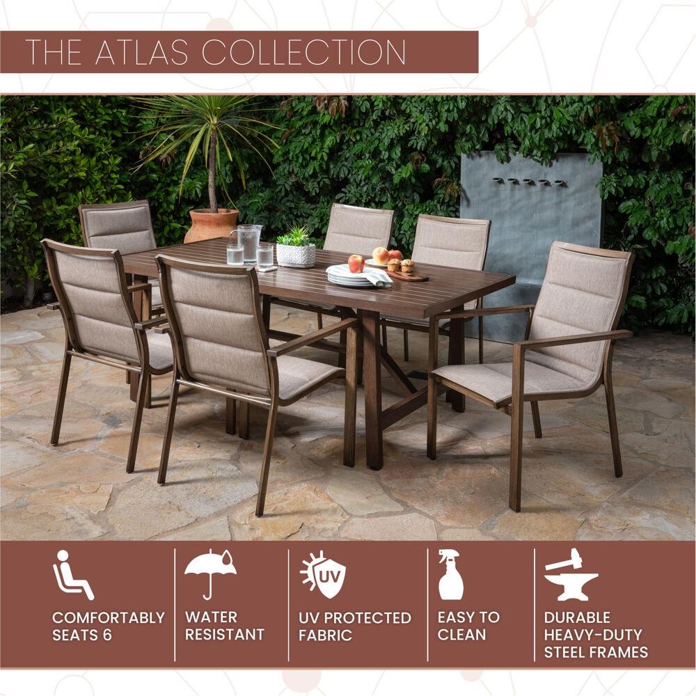 Mod Furniture Atlas 7-Piece Modern Outdoor Dining Set with 6 Padded Sling Chairs and Trestle Style Table, ATLASDN7PC-TAN