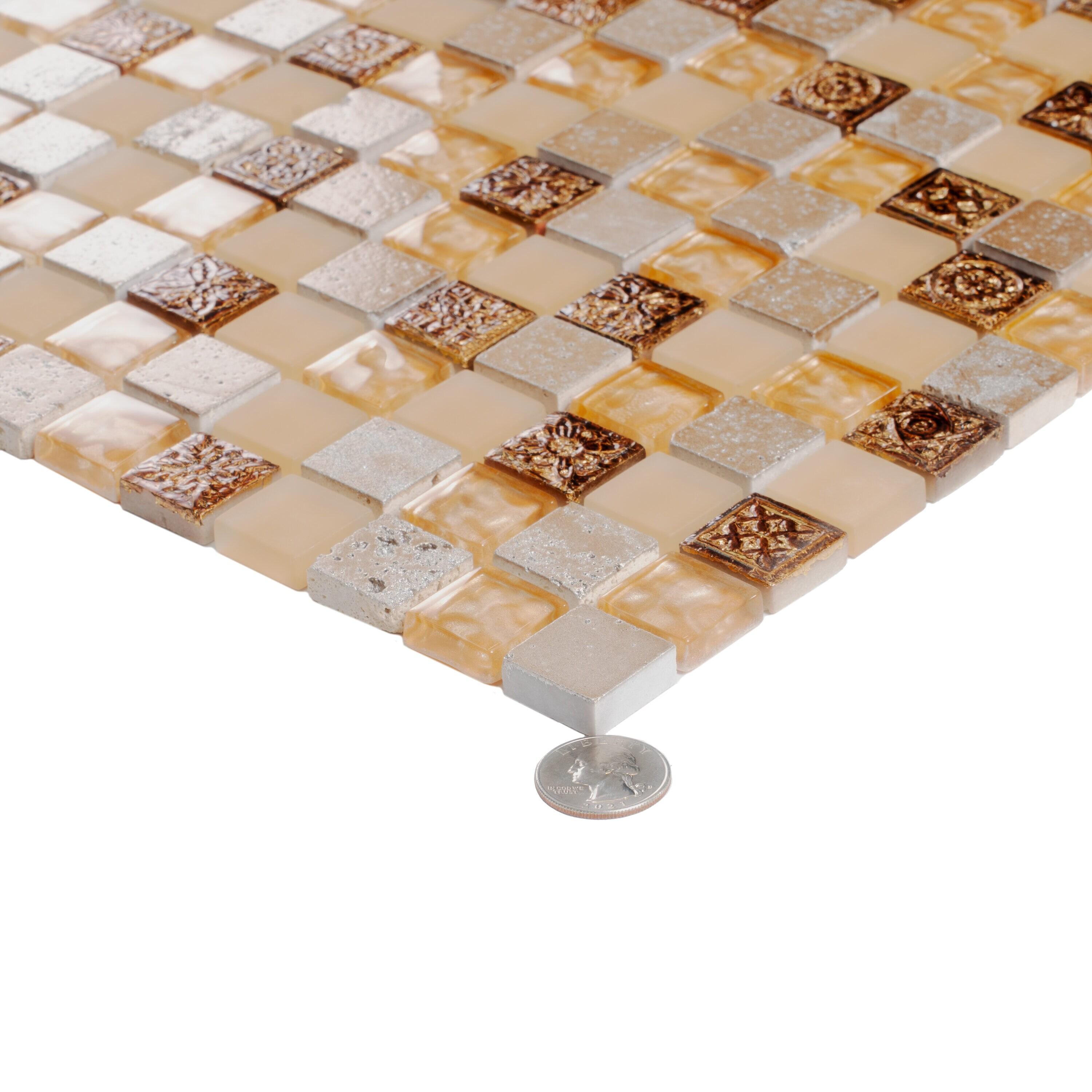 Beige and Brown Polished Glass and Stone Mosaic Tile