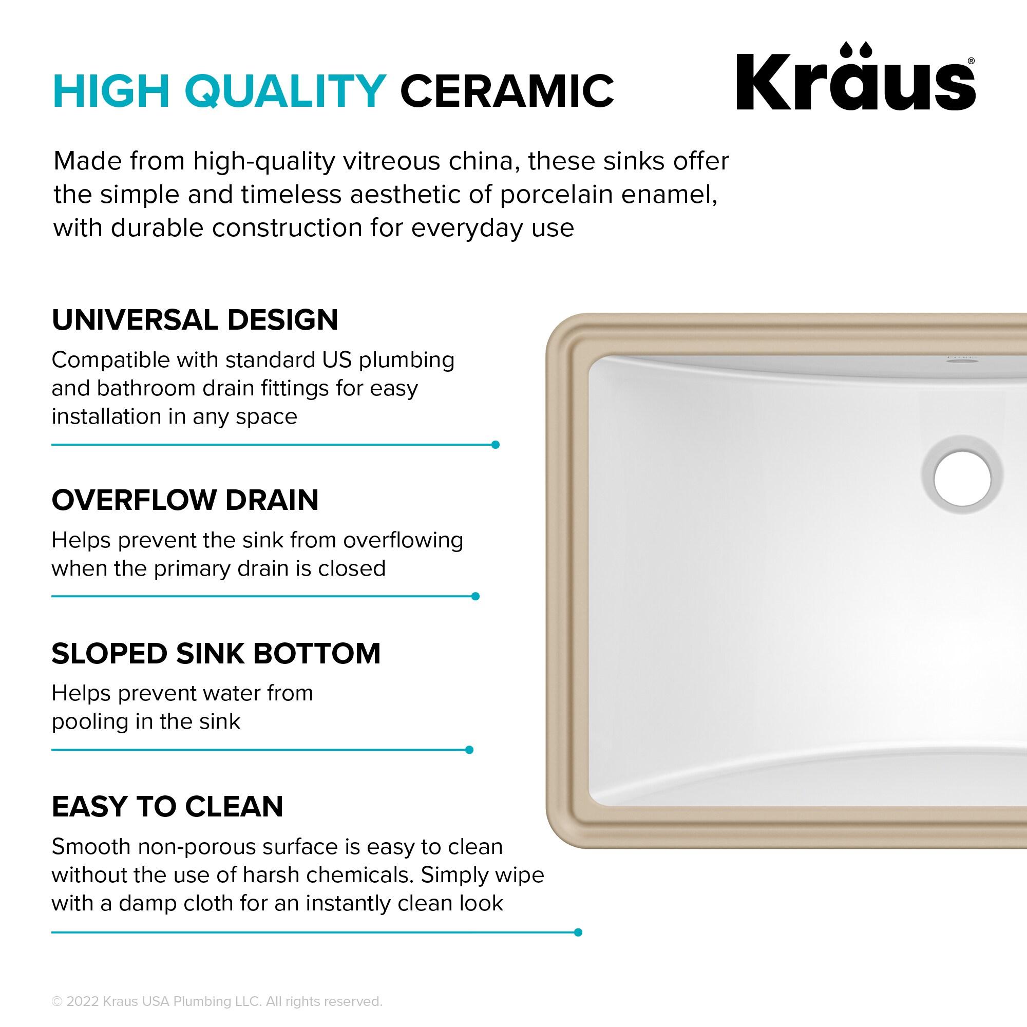 KRAUS Elavo. Rectangular Porcelain Ceramic Undermount Bathroom Sink In White With Overflow Drain, KCU-243