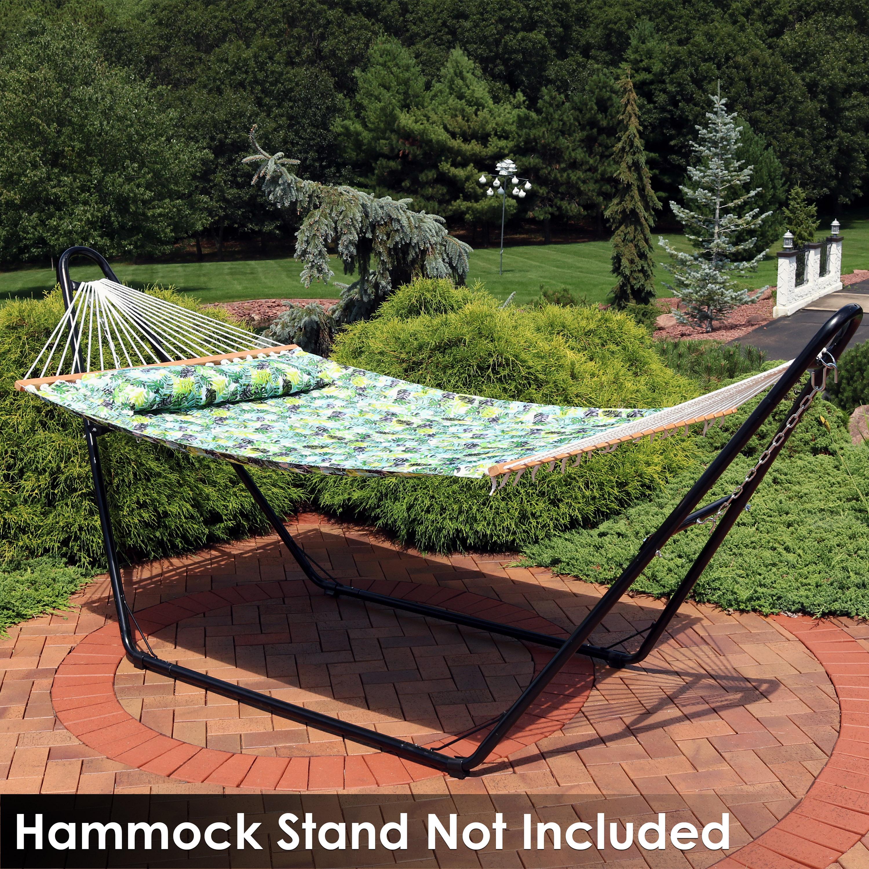 Sunnydaze 2-Person Quilted Printed Fabric Spreader Bar Hammock/Pillow with S Hooks and Hanging Chains - 450 lb Weight Capacity - Tropical Greenery