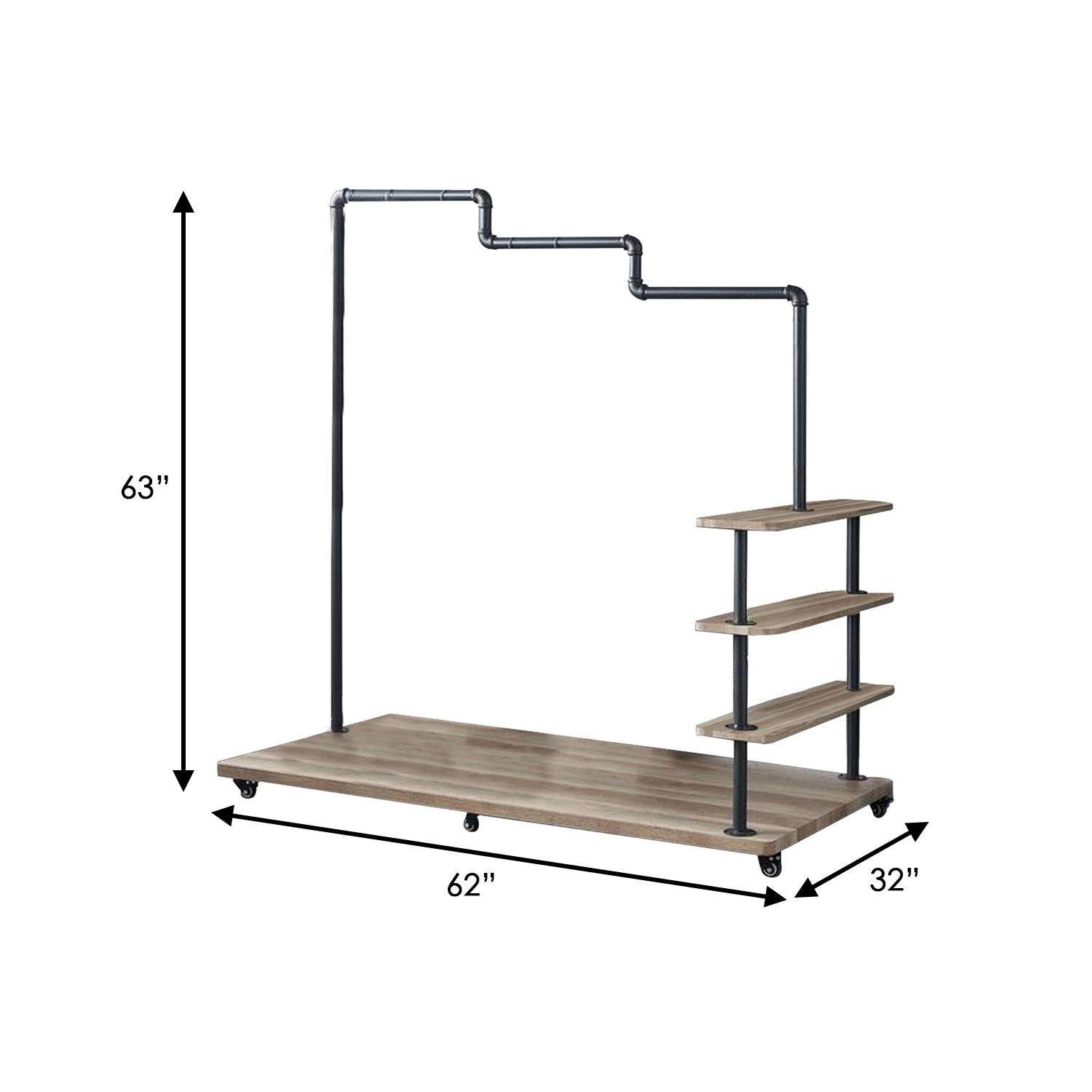 Benjara Hanger Rack with Pipe Design Tubular Frame and Casters, Brown