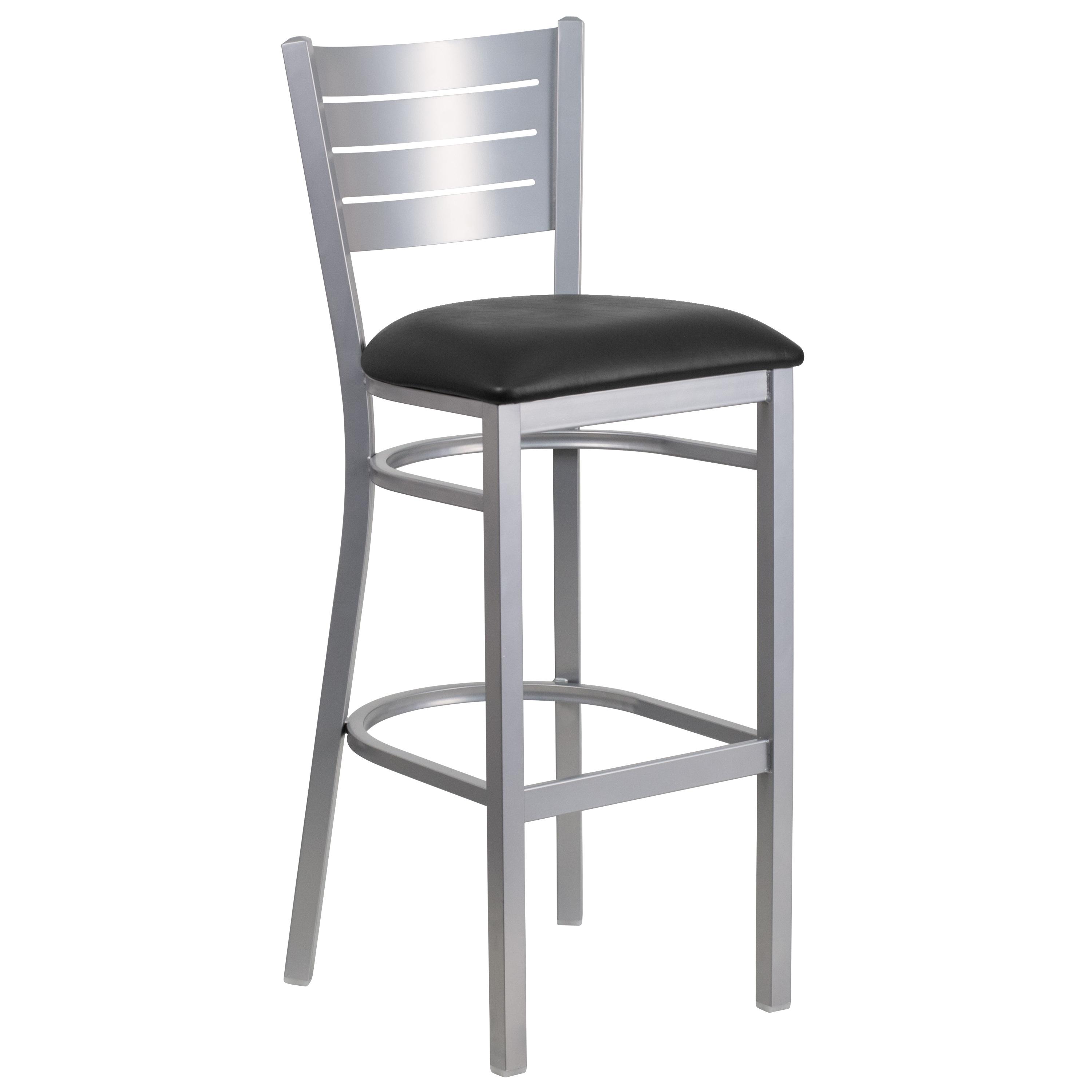 Flash Furniture HERCULES Series Silver Slat Back Metal Restaurant Barstool - Black Vinyl Seat