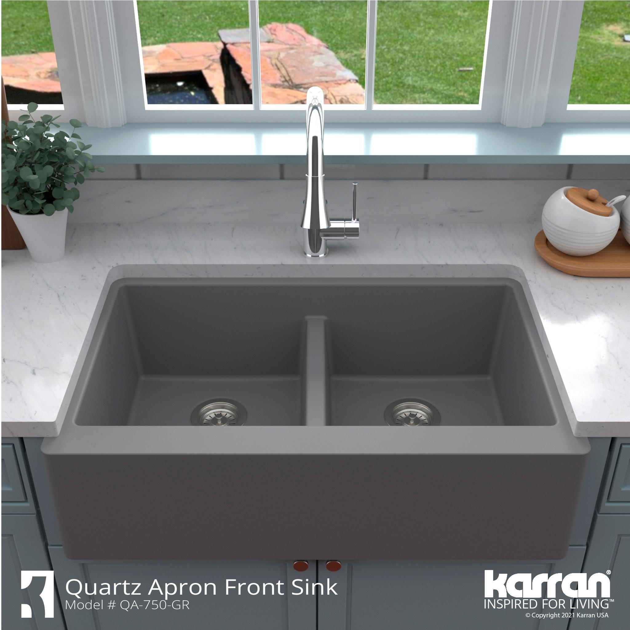 Karran Quartz 34'' X 21-1/4'' 50/50 Double Bowl Farmhouse/Apron Front Kitchen Sink Kit