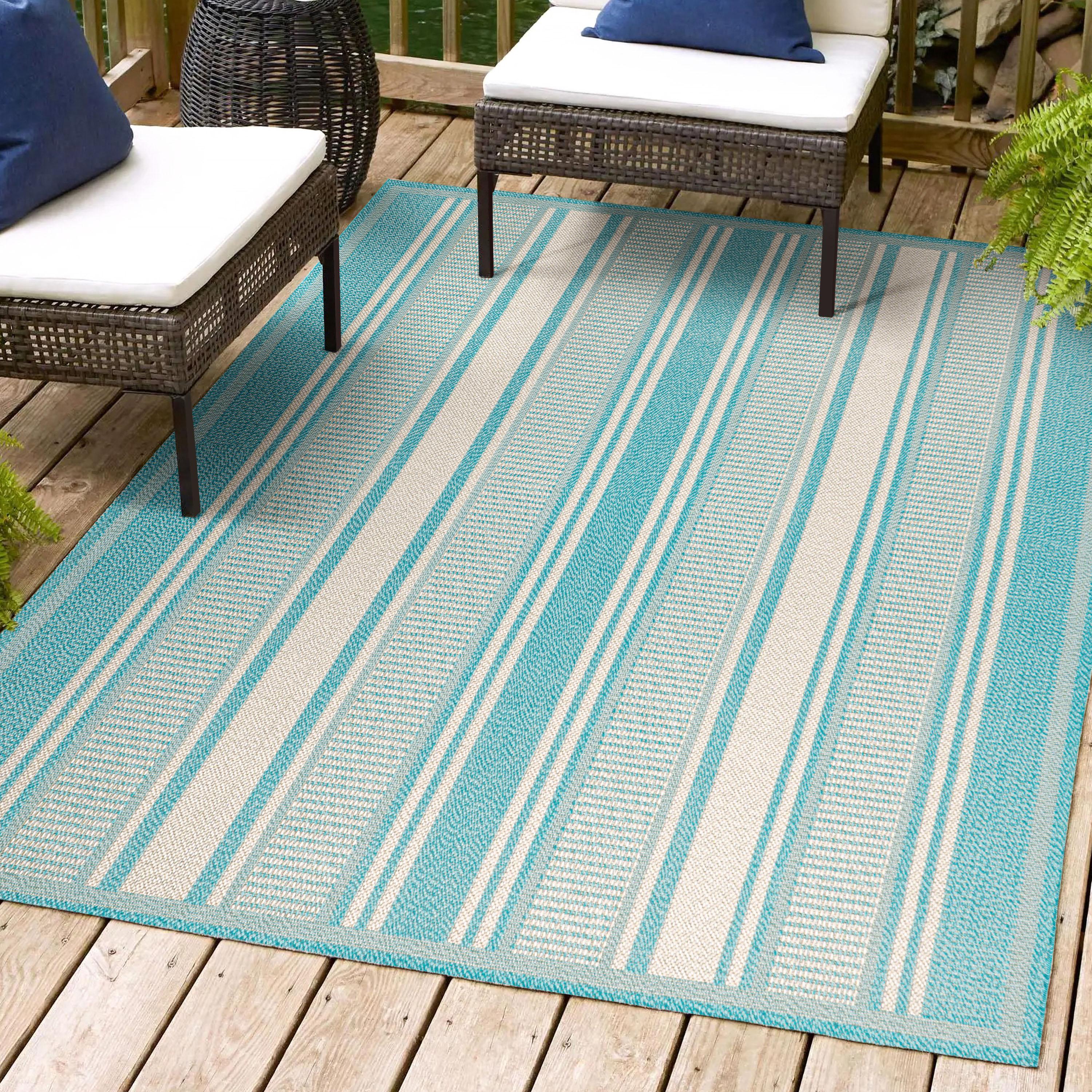 3' x 5' Haynes Modern Double Stripe Indoor/Outdoor Area Rug, Aqua/Beige - JONATHAN Y
