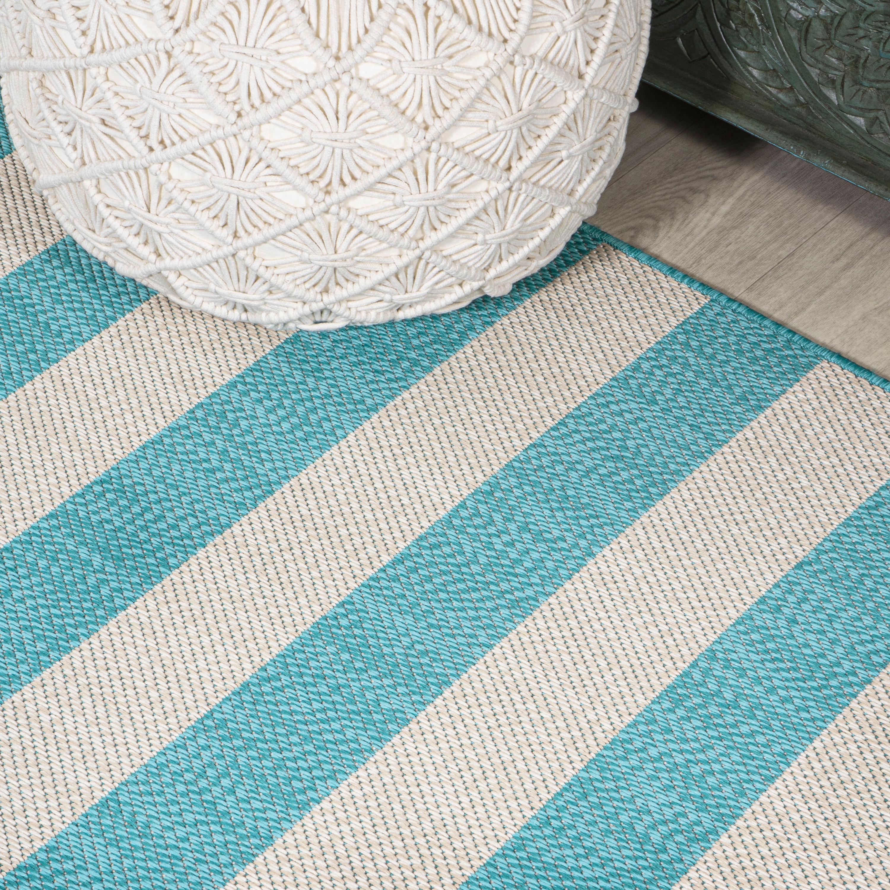 3' x 5' Negril Two-Tone Wide Stripe Indoor/Outdoor Area Rug, Aqua/Cream - JONATHAN Y