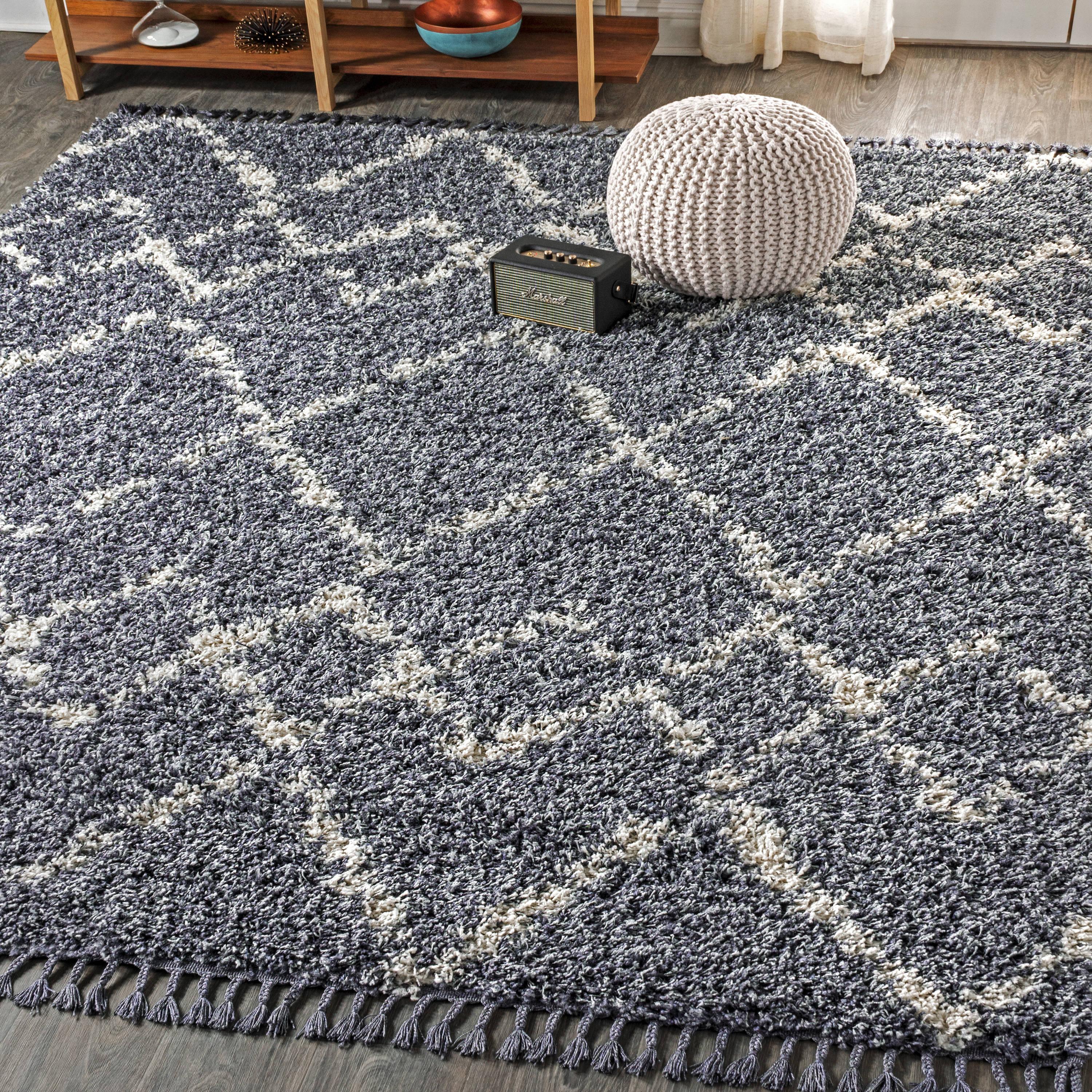3'x5' Mercer Shag Plush Tassel Moroccan Geometric Trellis Area Rug, Denim/Cream - JONATHAN Y