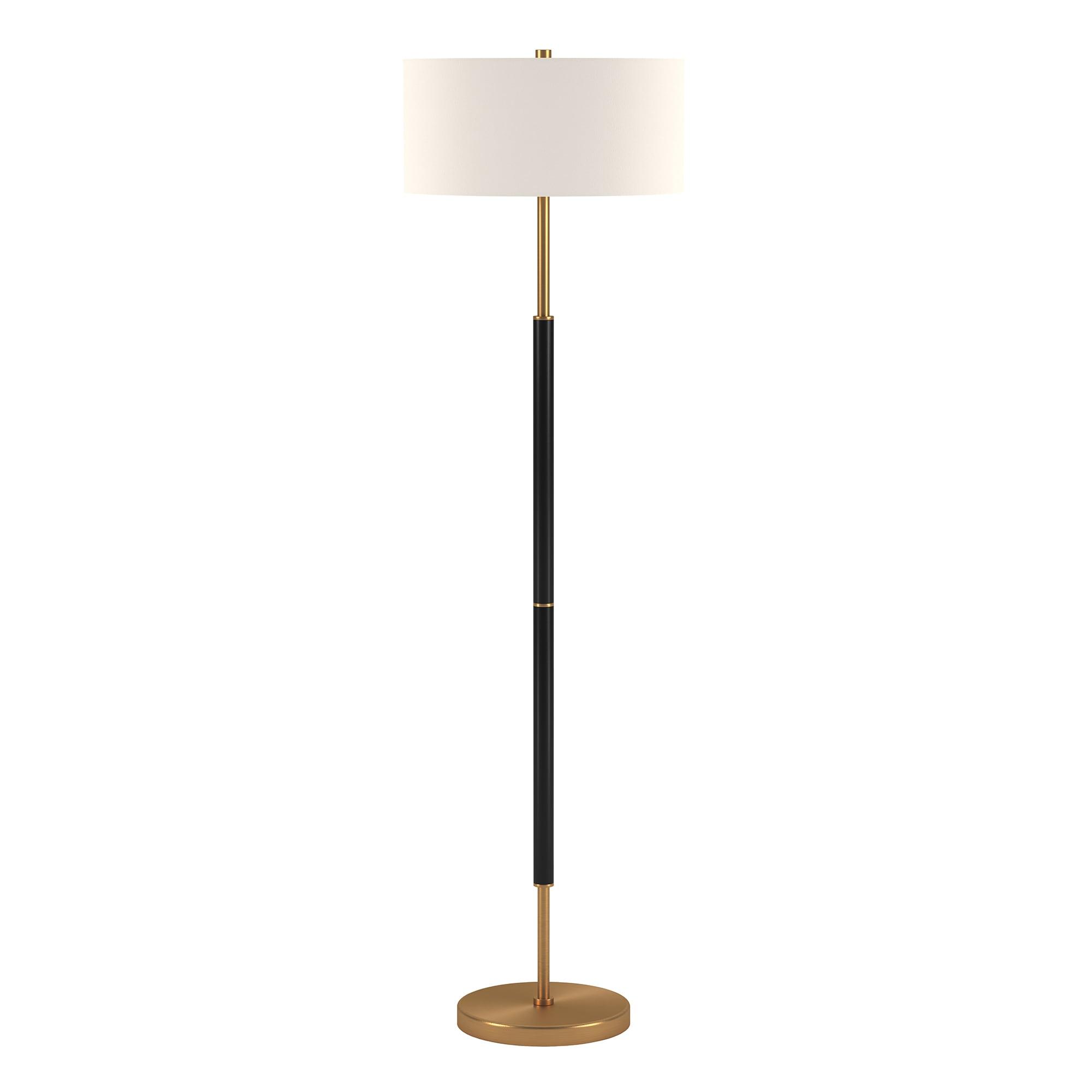 Evelyn&Zoe Simone 2-Light Floor Lamp with Fabric Shade, Matte Black/Brass/White