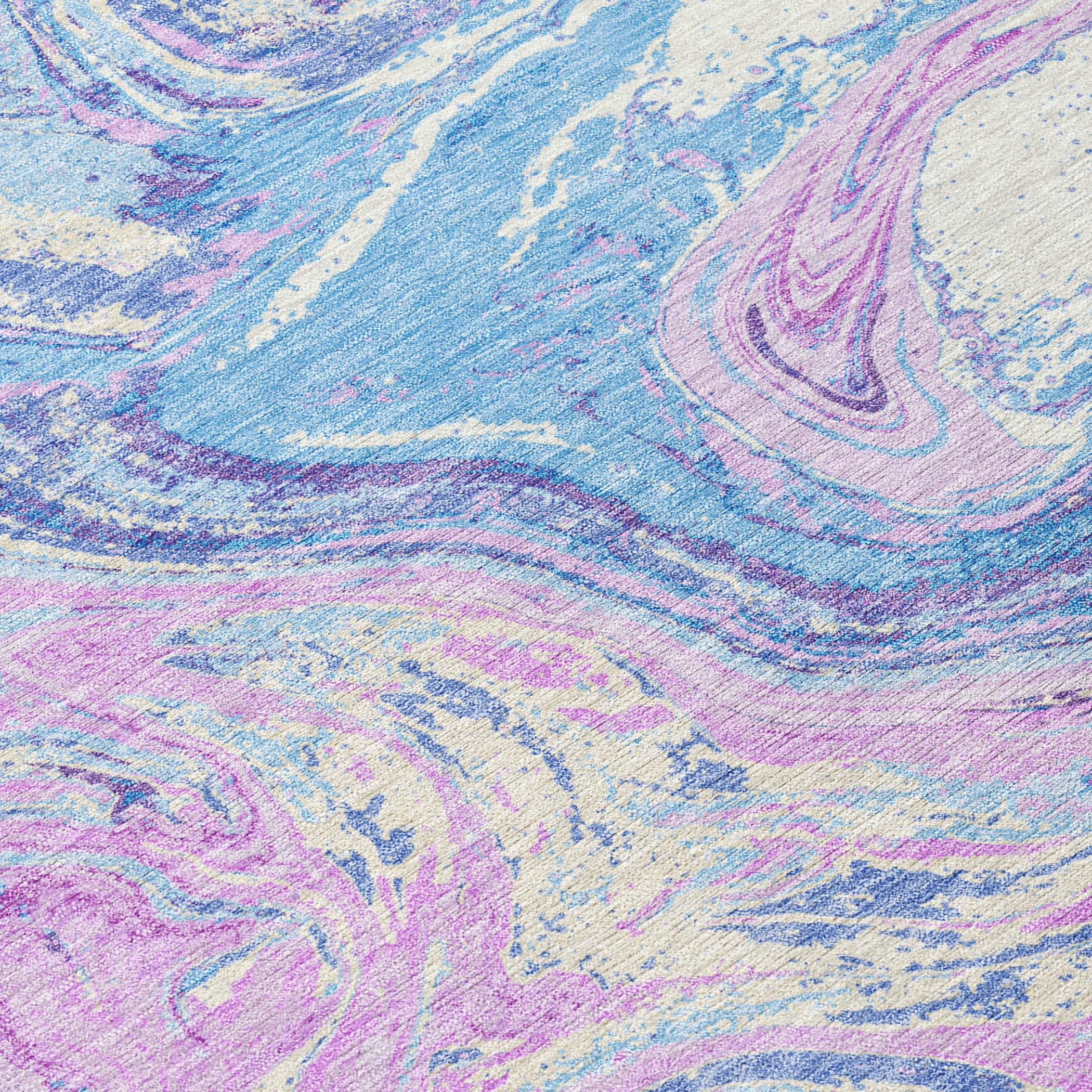 Sky Blue and Pink Abstract Synthetic 5' x 7' Washable Area Rug