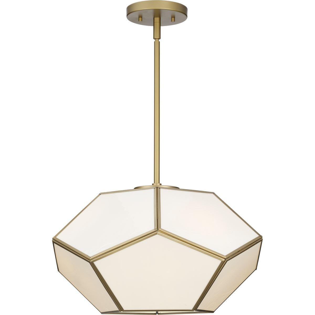 Progress Lighting Latham 3-Light Semi-Flush Mount, Vintage Gold, White Art Glass. Geometric framework with handmade glass.