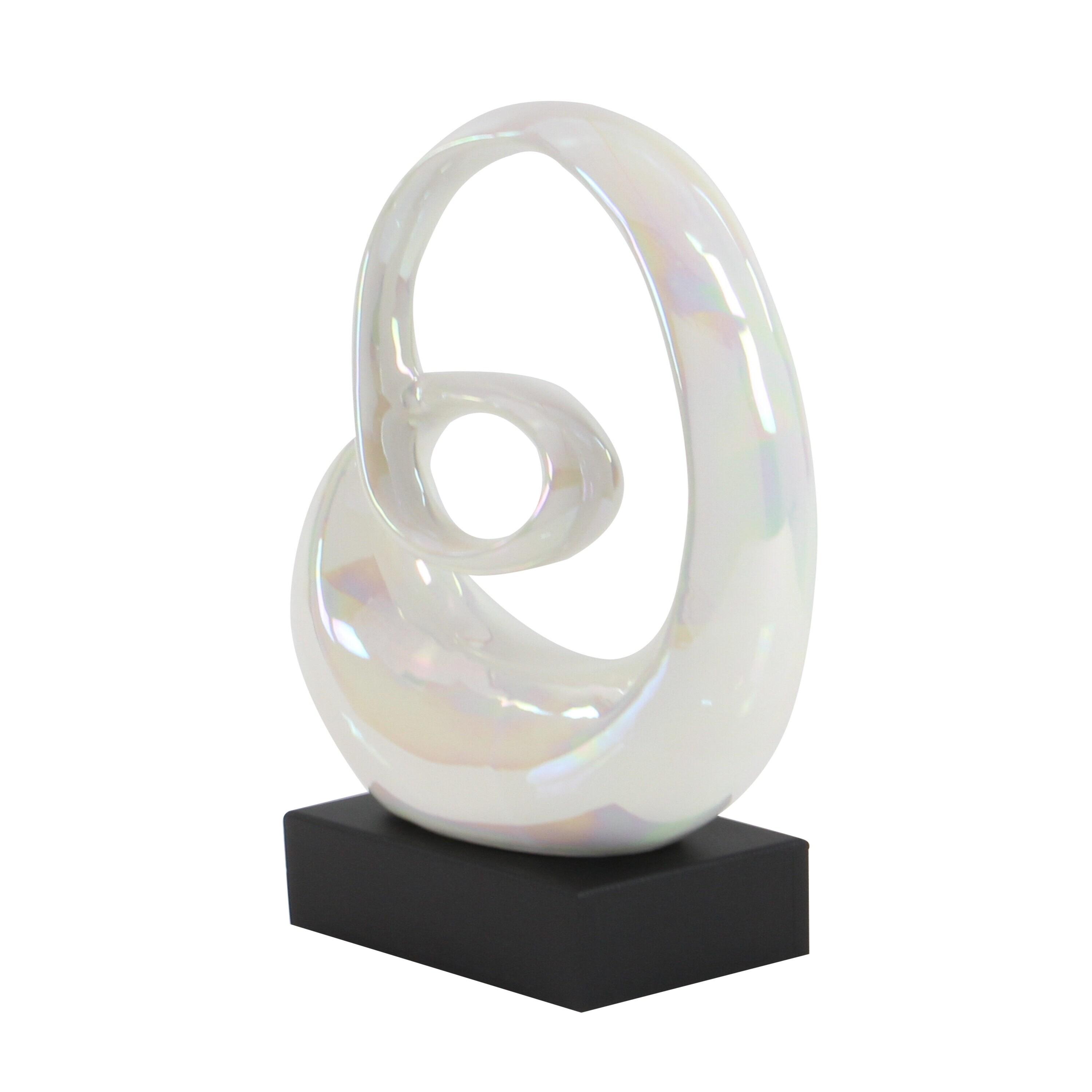 10" x 21" White Ceramic Swirl Abstract Sculpture with Black Base, by DecMode