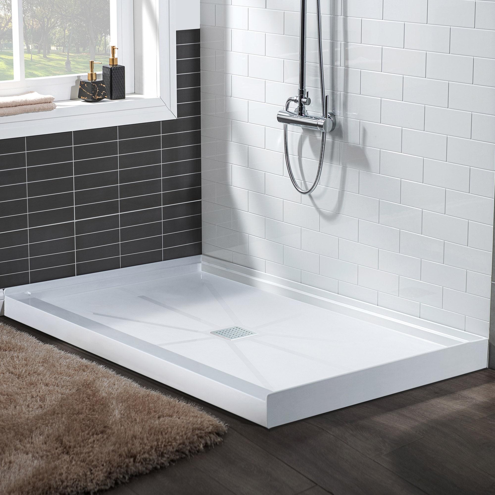 48" W x 36" Solid Surface Single Threshold Shower Pan Base with Drain Assembly & Drain Cover Included, Non-Slip